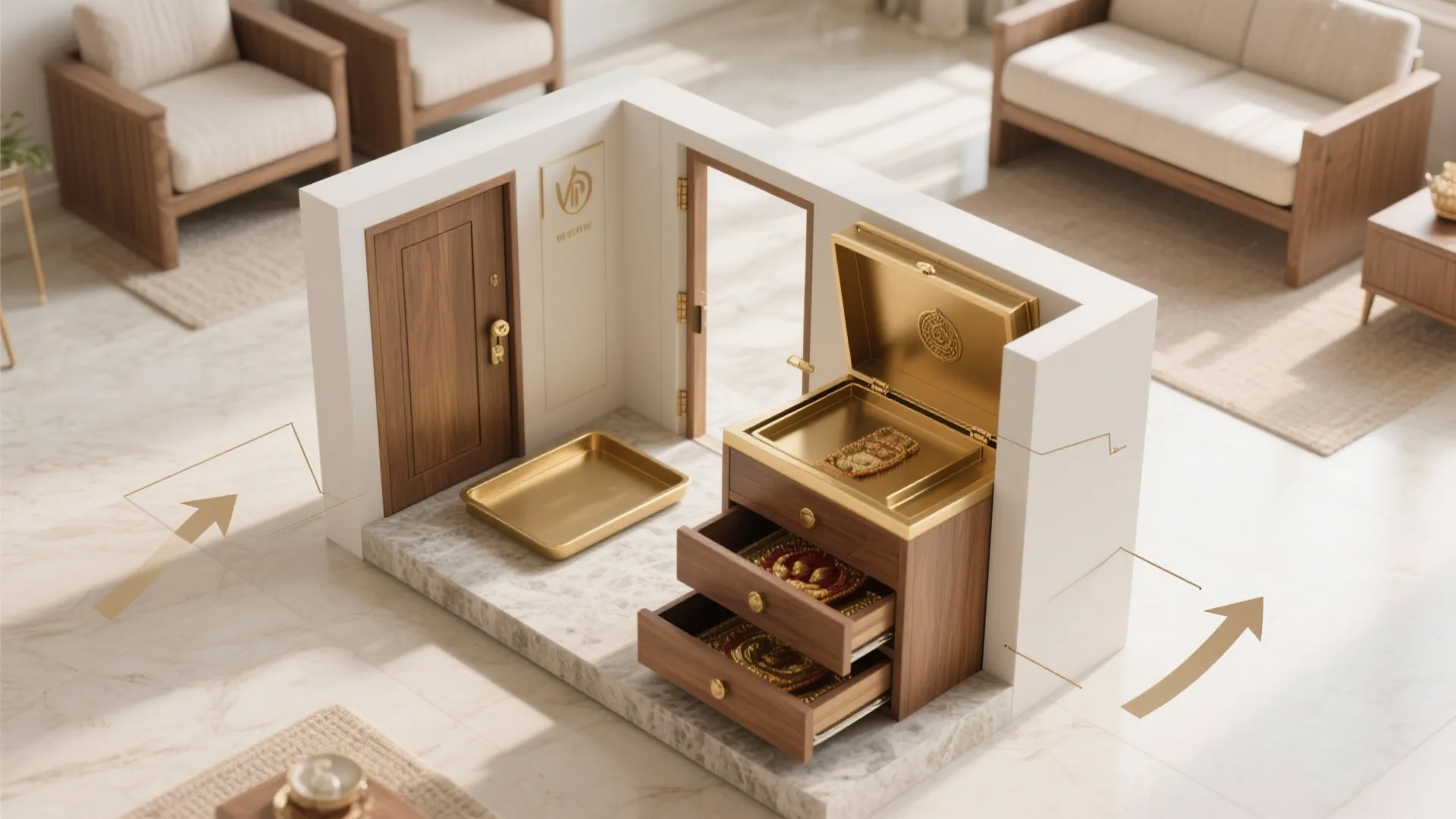 Interior design drawing showing a small room layout with wooden furniture and a gold tray
