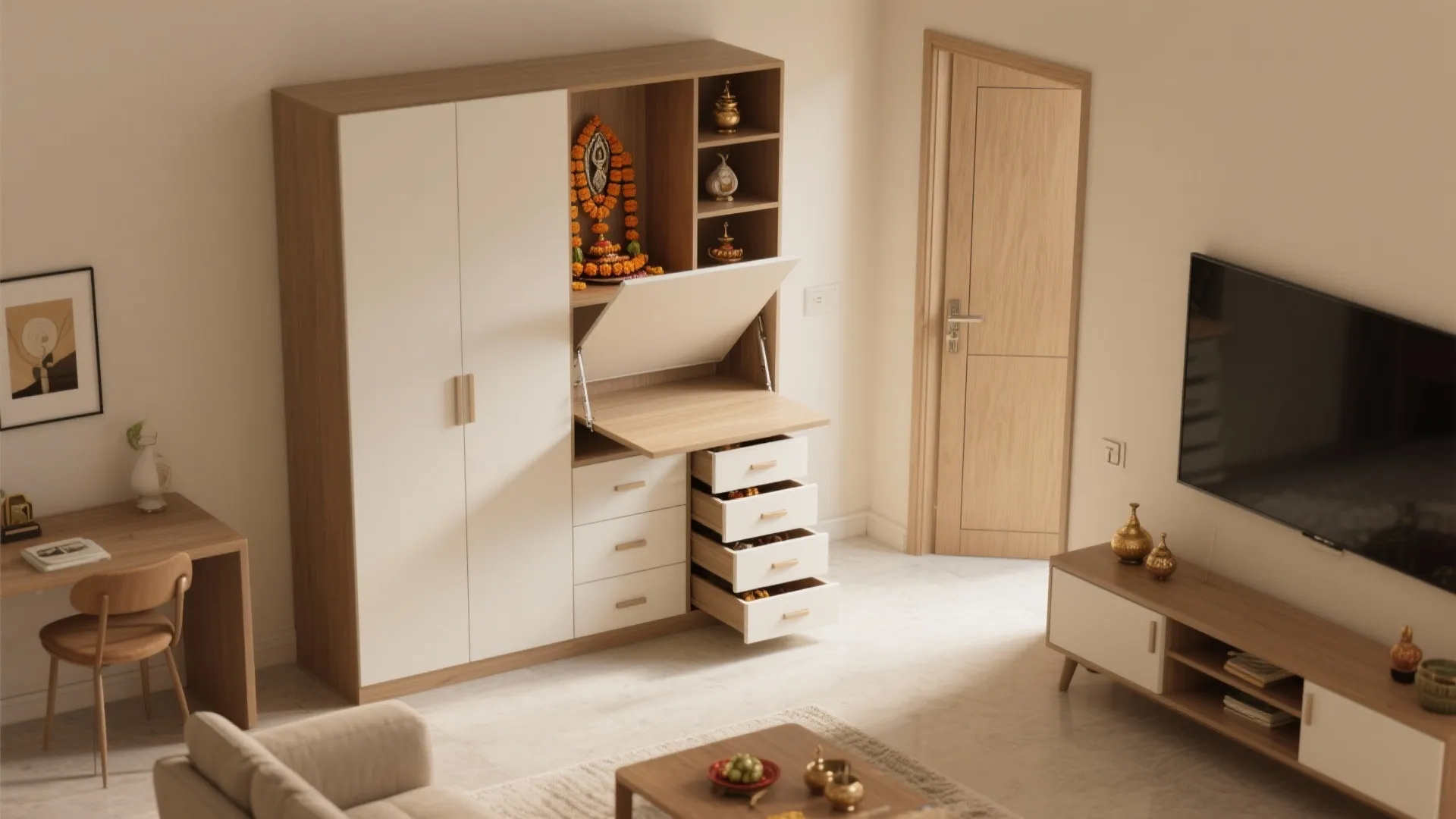 Fold-out Mandir in a Multifunction Cabinet