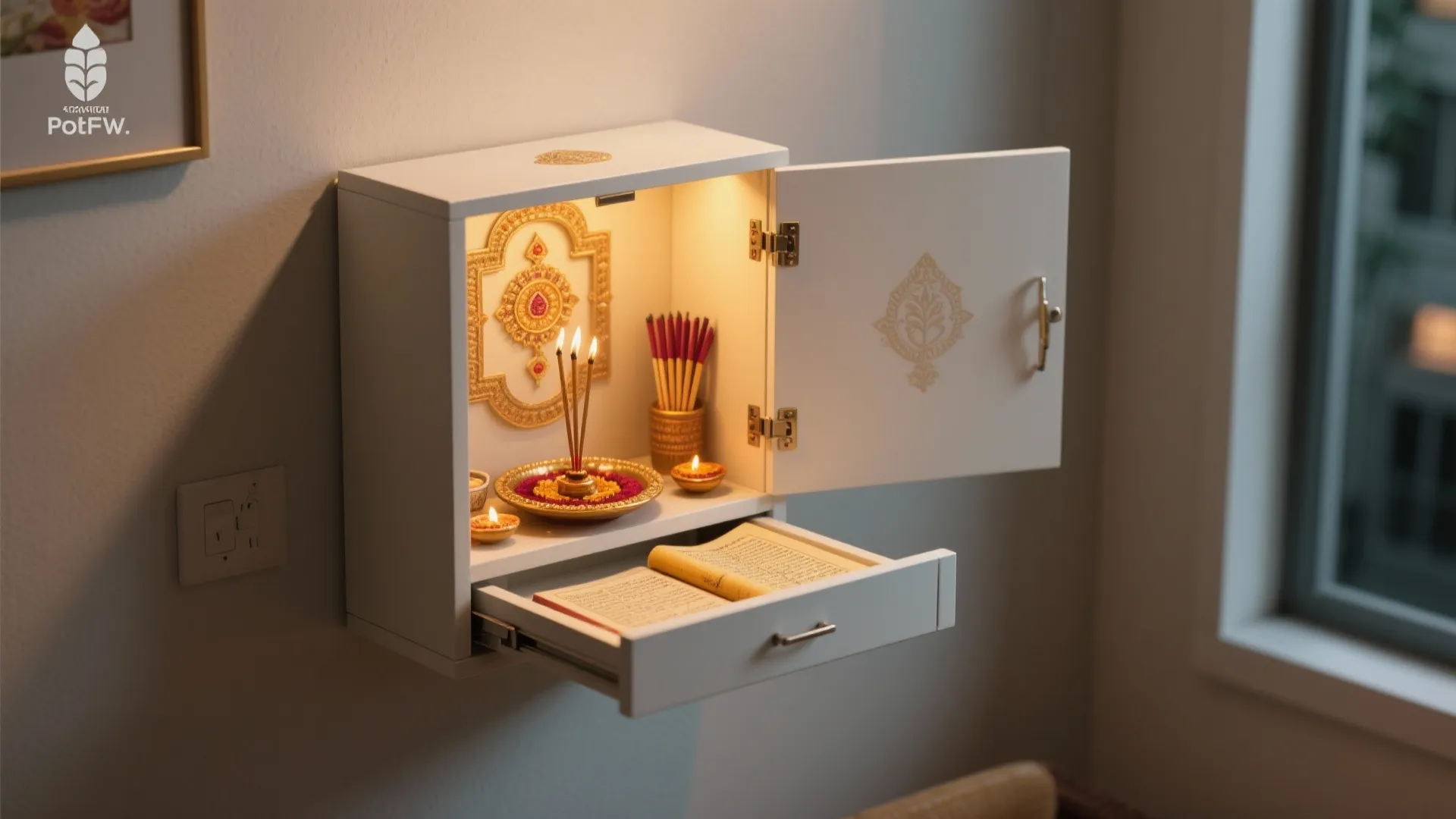 White wall mounted cabinet with open door and drawer showing religious items and warm light