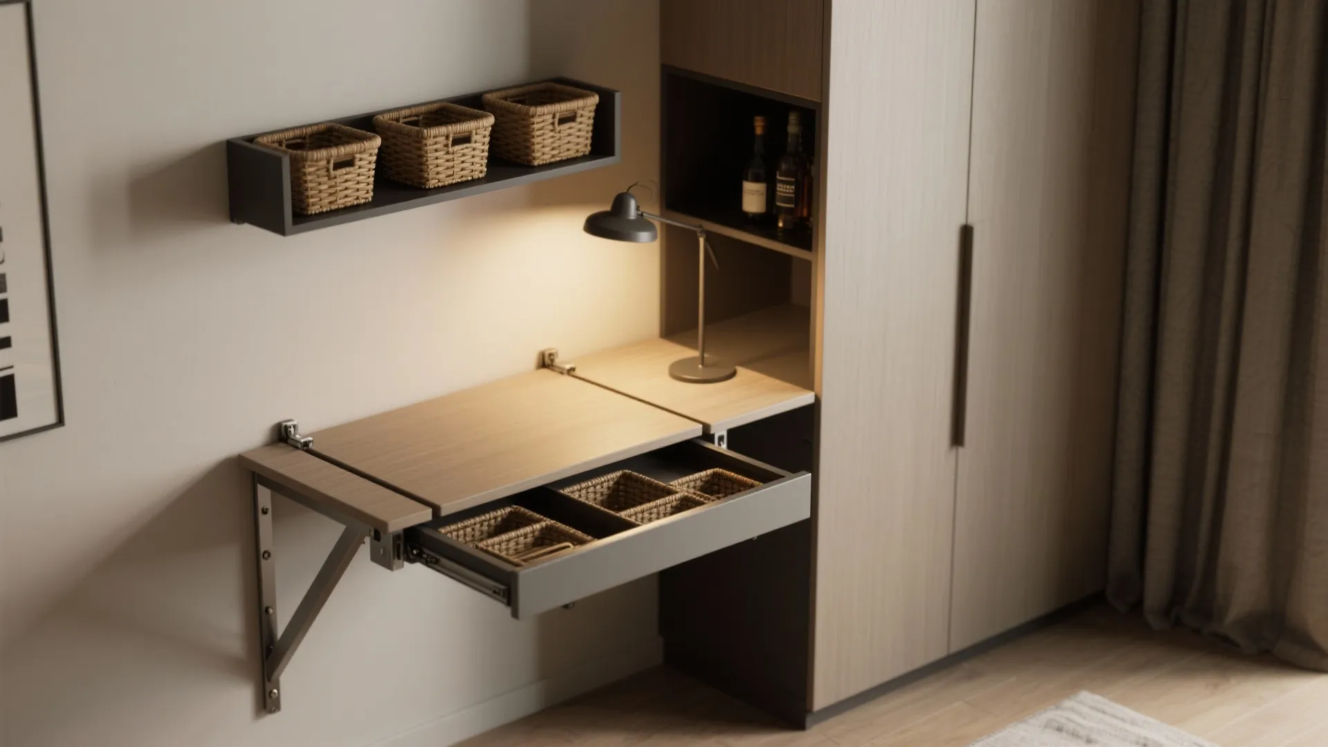 3. Fold-out table and vertical storage (small converts big)