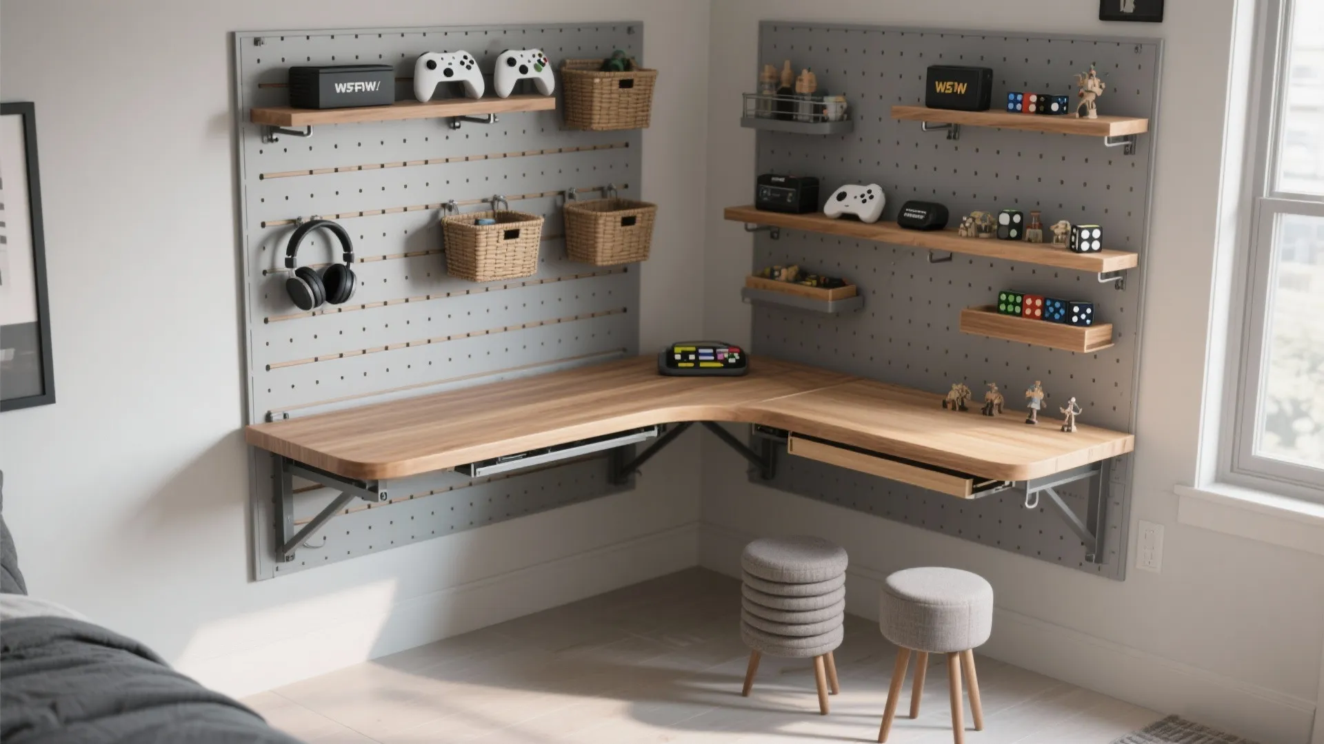 Vertical storage + a fold-down game table