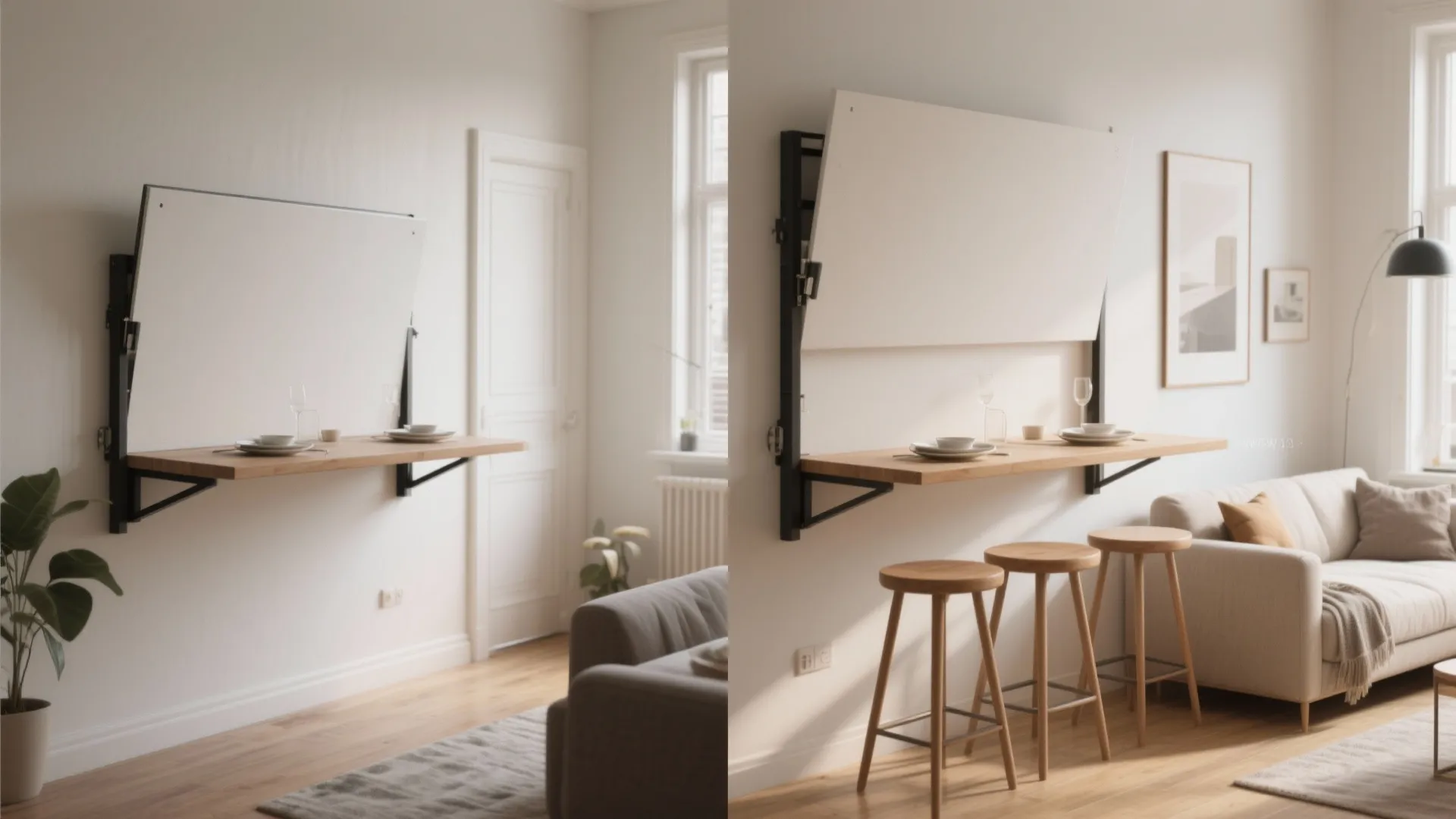 Modern white wall mounted folding table used as small dining bar with three wooden stools