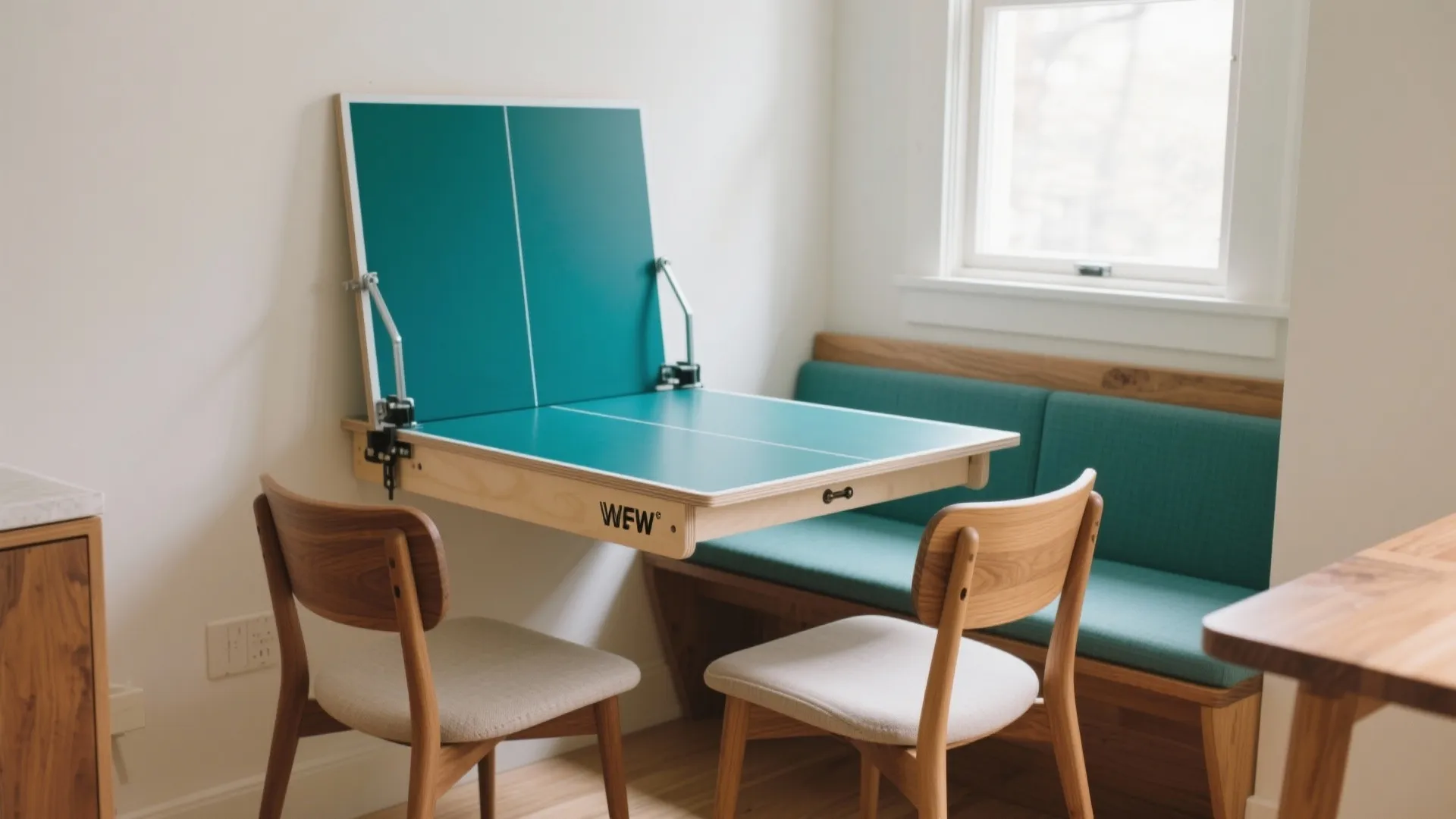 Green wall mounted folding table serving as a dining space with two simple wooden chairs