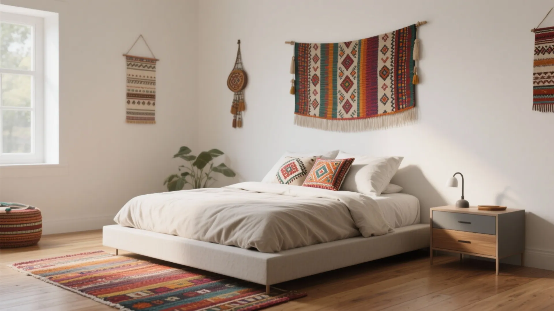 Modern white bedroom with colorful wall hanging patterned rug wooden side table and a small plant