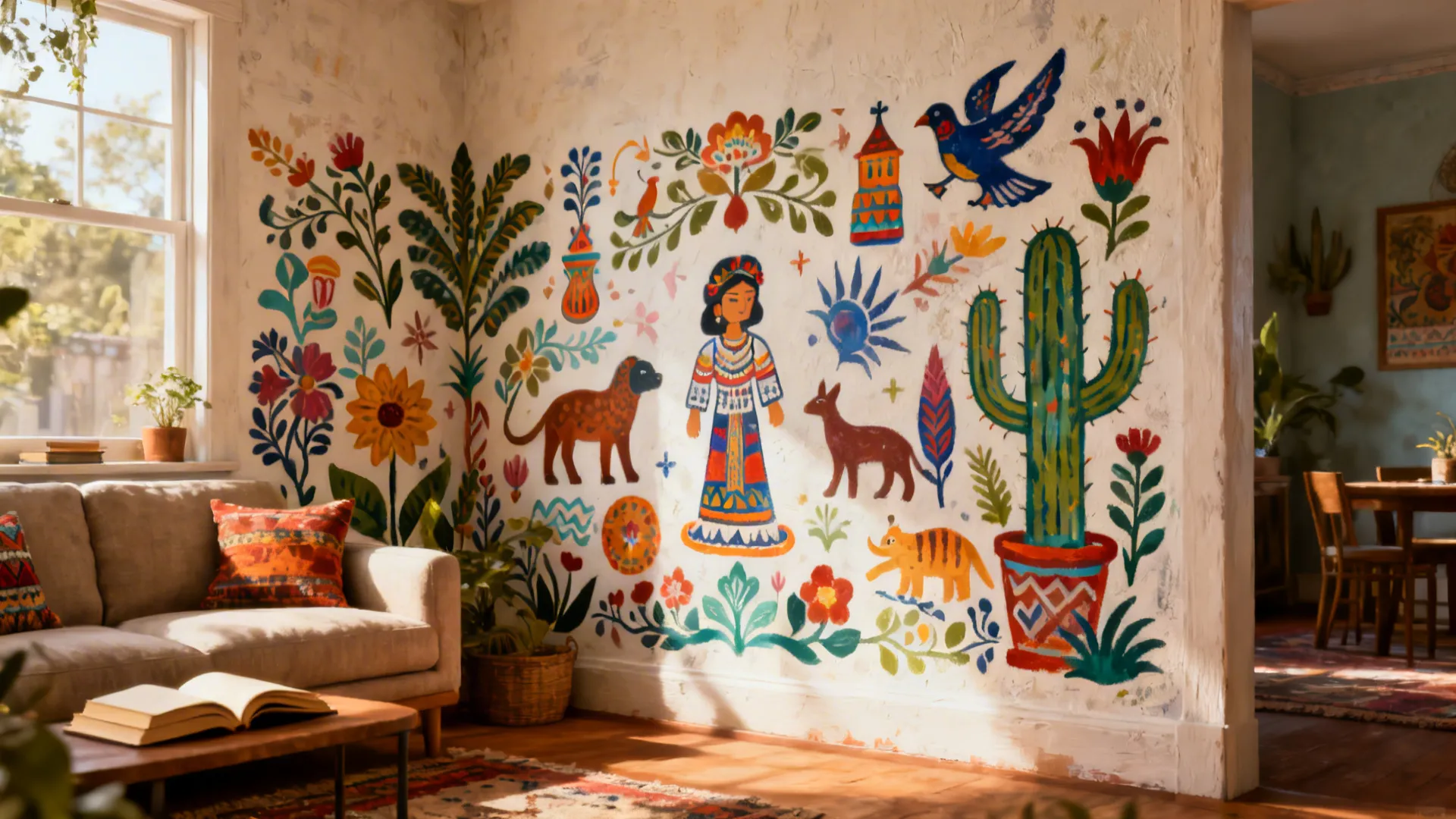 Compact reading nook wrapped in a hand-painted mural of Mexican folk motifs and warm tones.