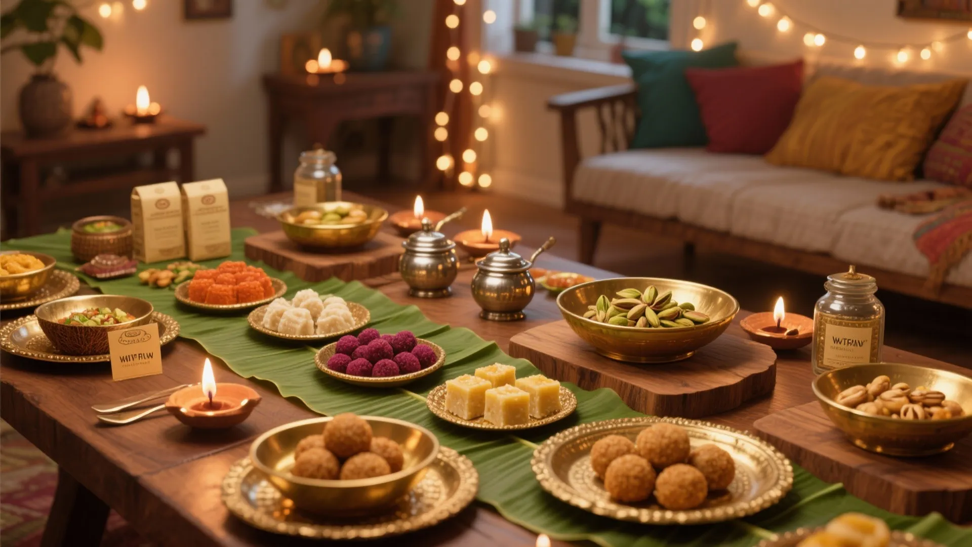 Food & Favor Styling with Brass, Banana Leaf, and Warm Lights