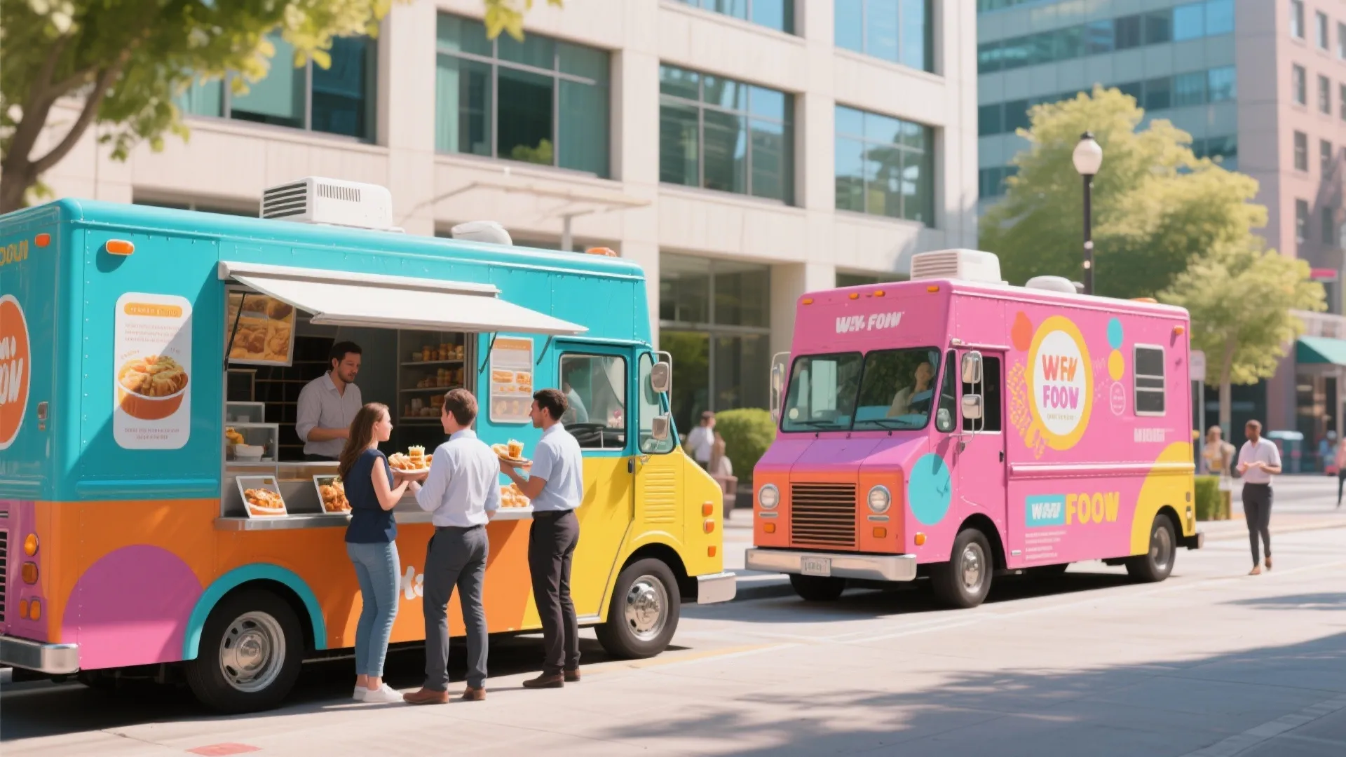 Employees getting food from colorful trucks at a summer party