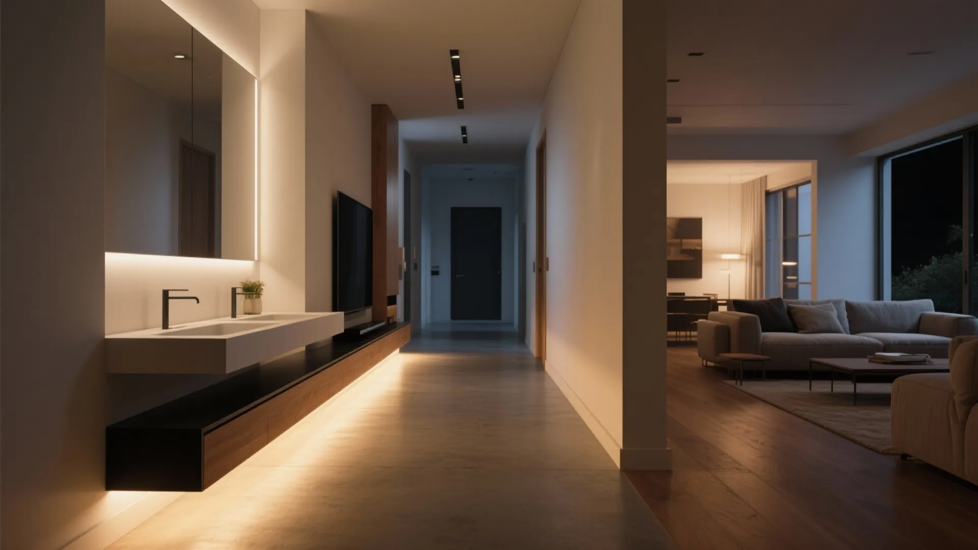 Modern hallway with double sink vanity, wall mirror, warm cabinet lighting, and open living room
