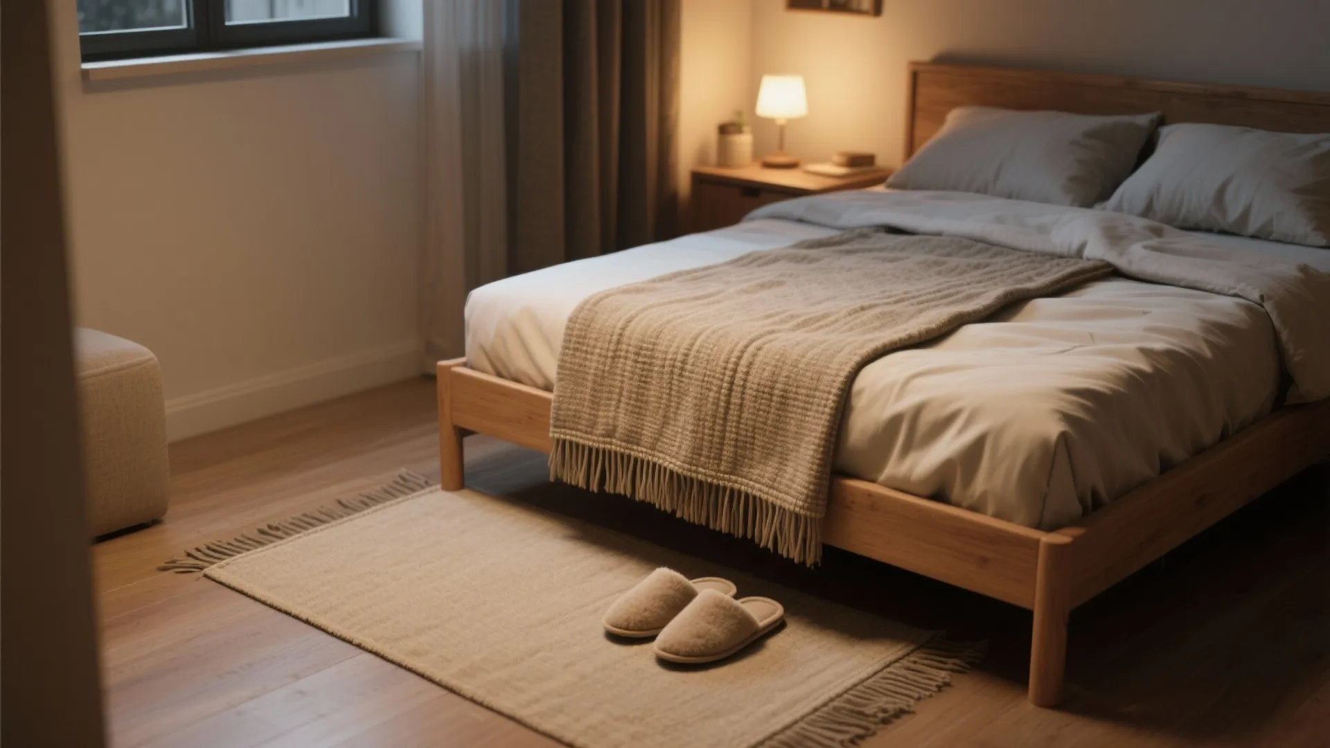 Wooden bed with white sheets, textured brown blanket, small rug, and pair of comfortable slippers