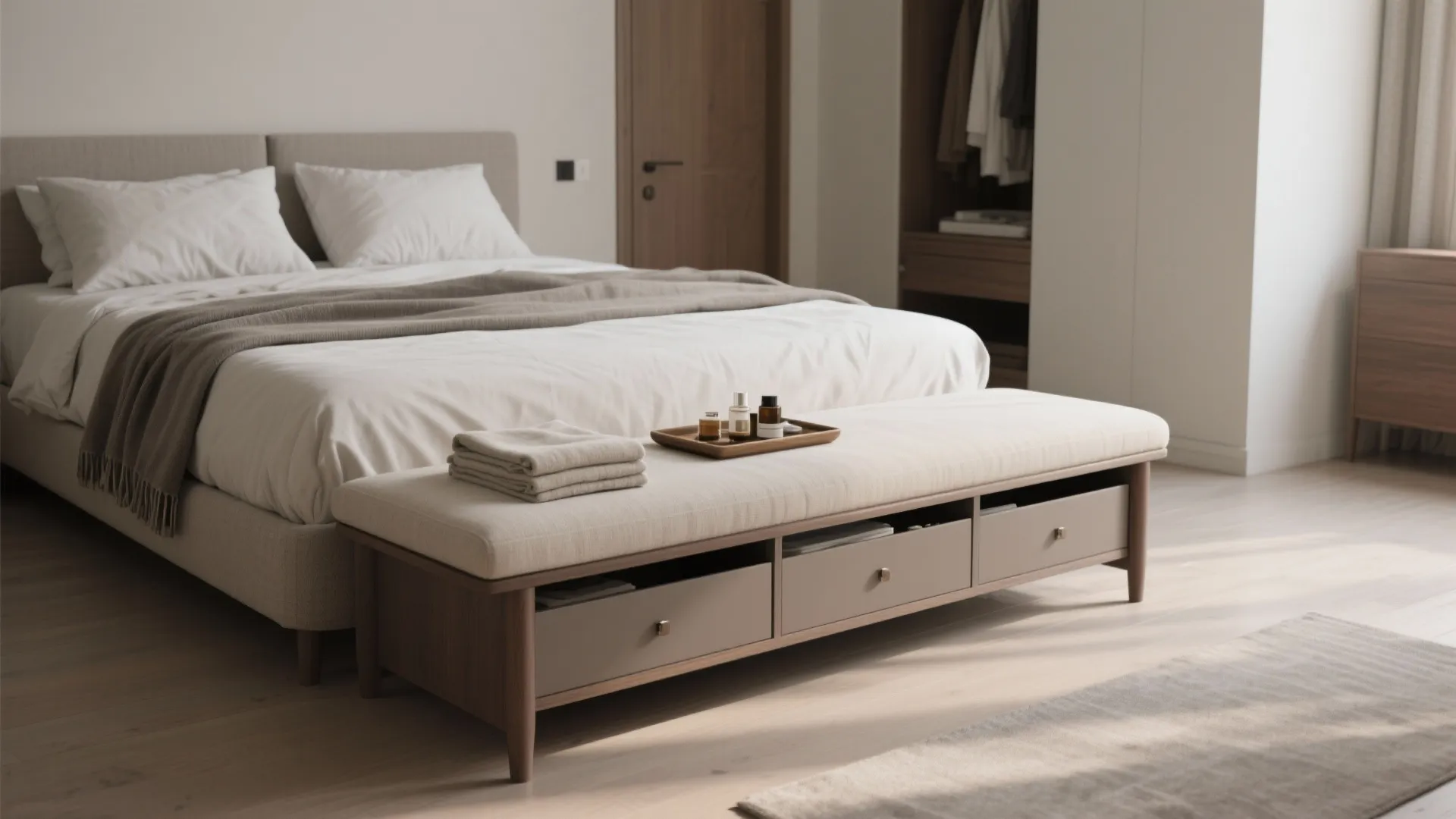 Modern bedroom with large bed and a wooden storage bench with drawers at the foot