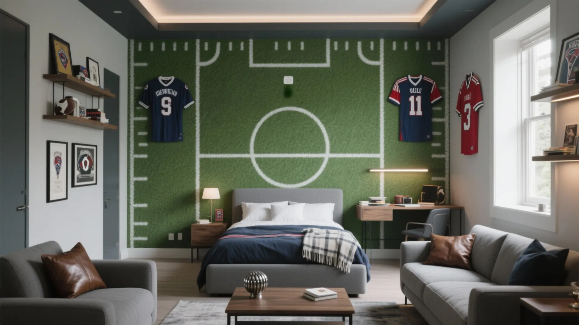 Football themed bedroom with green grass wall pattern jerseys gray sofa bed and wooden furniture