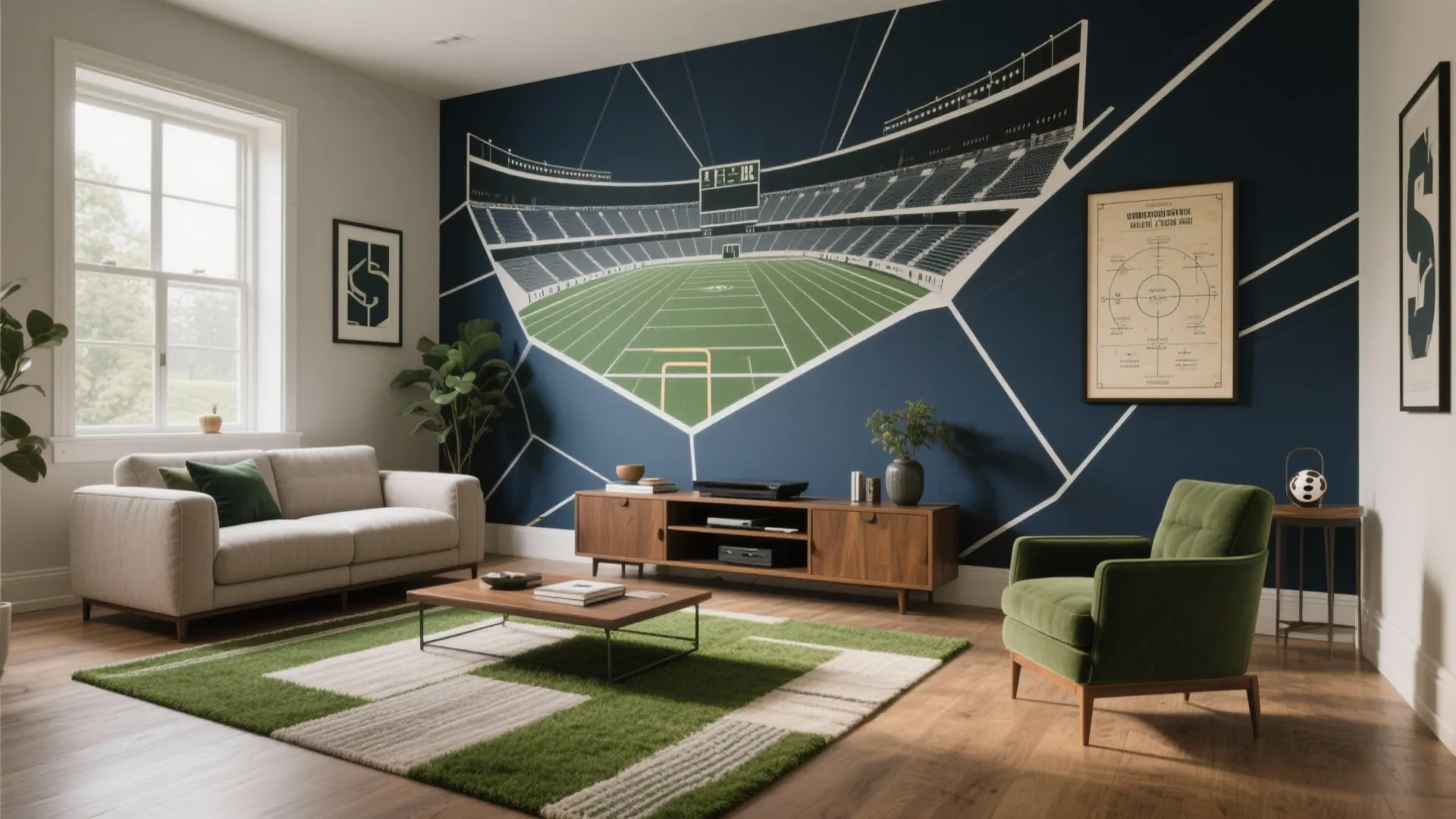 Modern living room with football stadium wall art green sofa wooden cabinet and patterned green rug