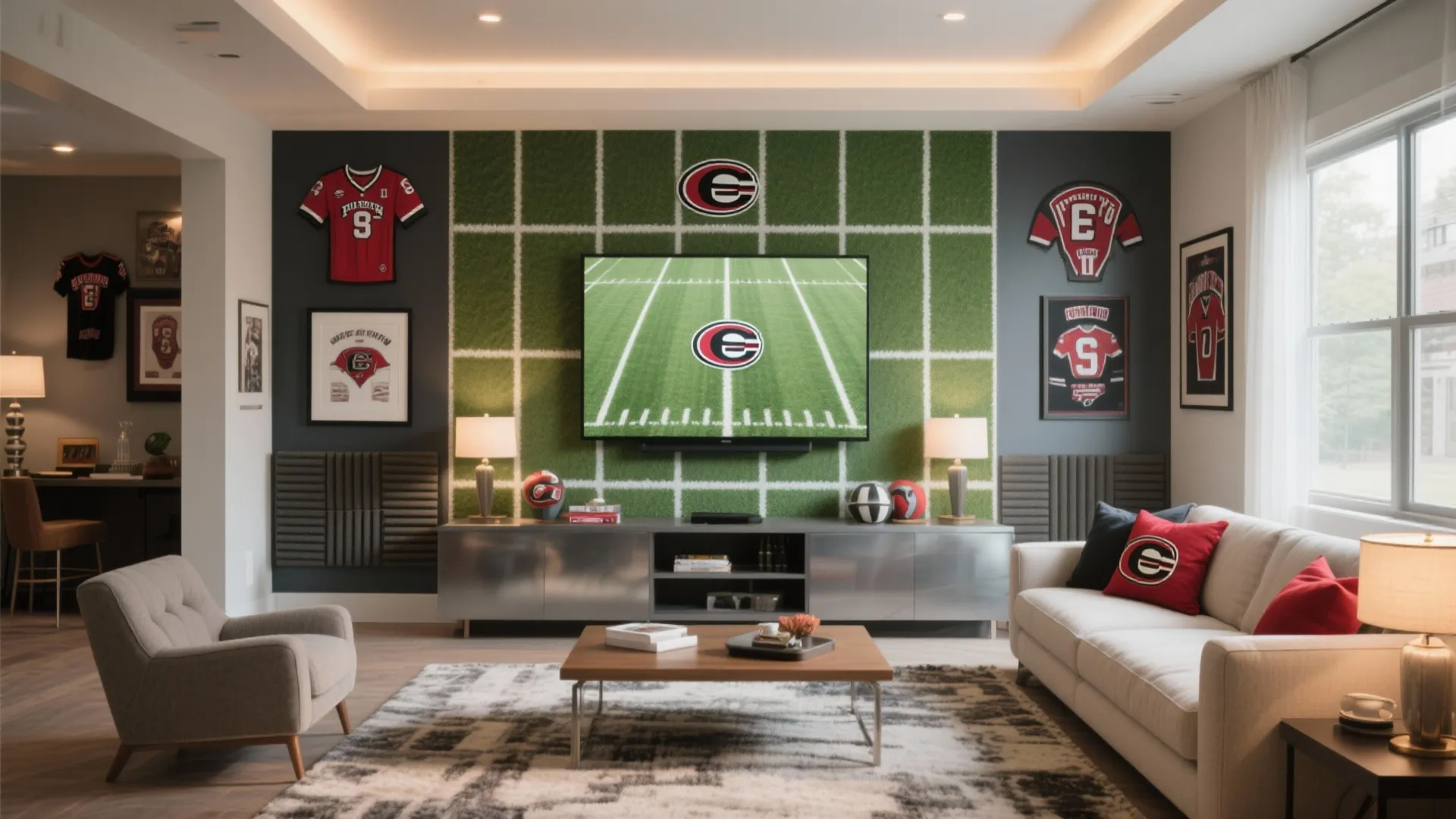 Modern football themed living room with green grass wall red jerseys grey sofa and carpet