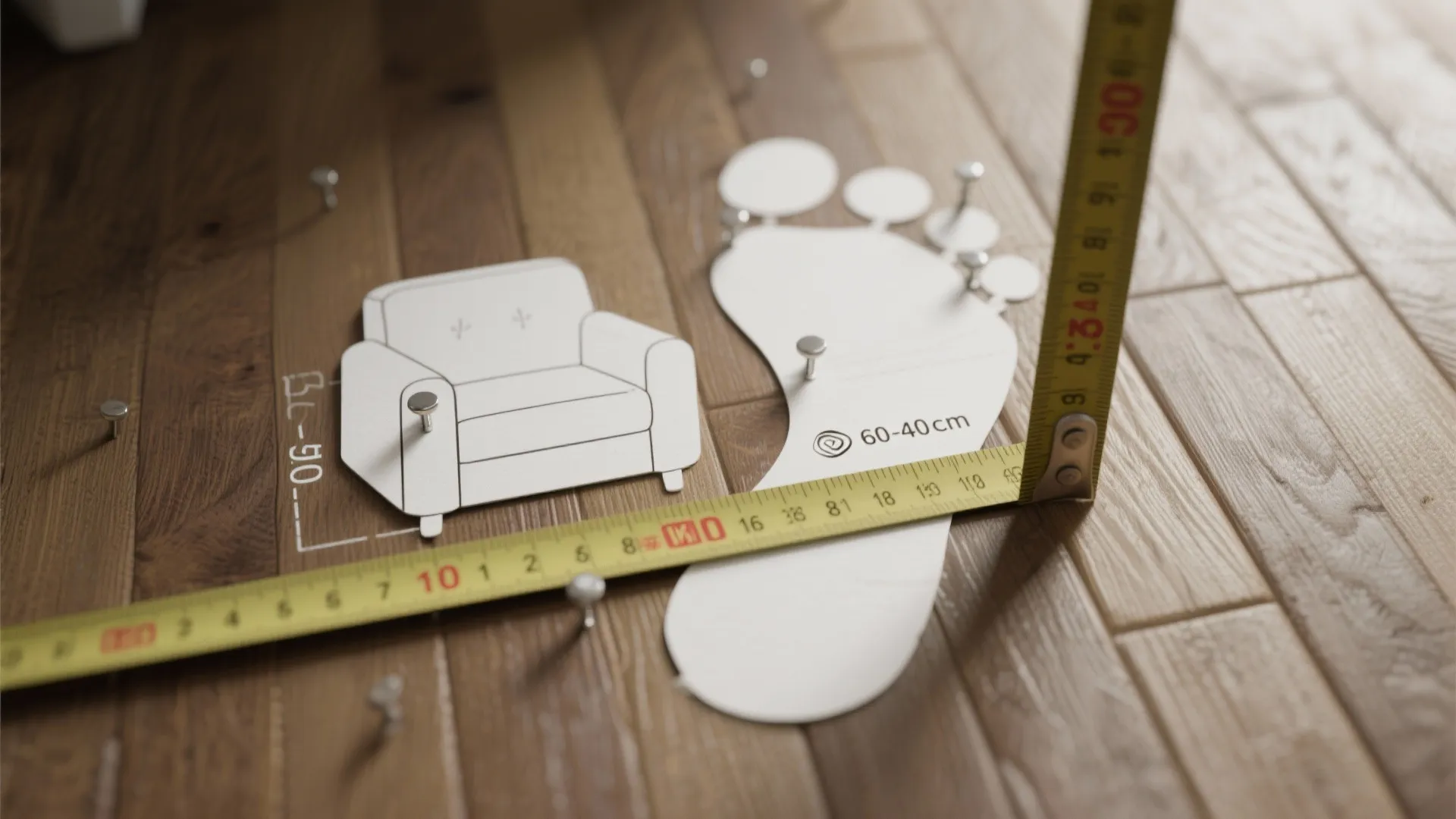 Paper sofa cutouts on a floor with a tape measure showing recommended circulation distances