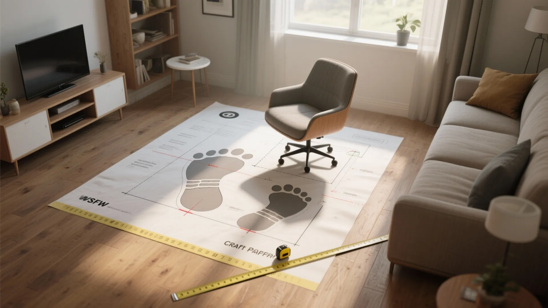 Interior design drawing on floor with measuring tape showing chair placement in a living room