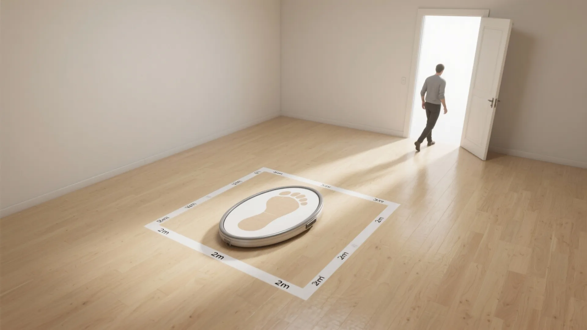 Room floor with a taped 2m x 1m rectangle and a compact elliptical placed to test fit and clearance.