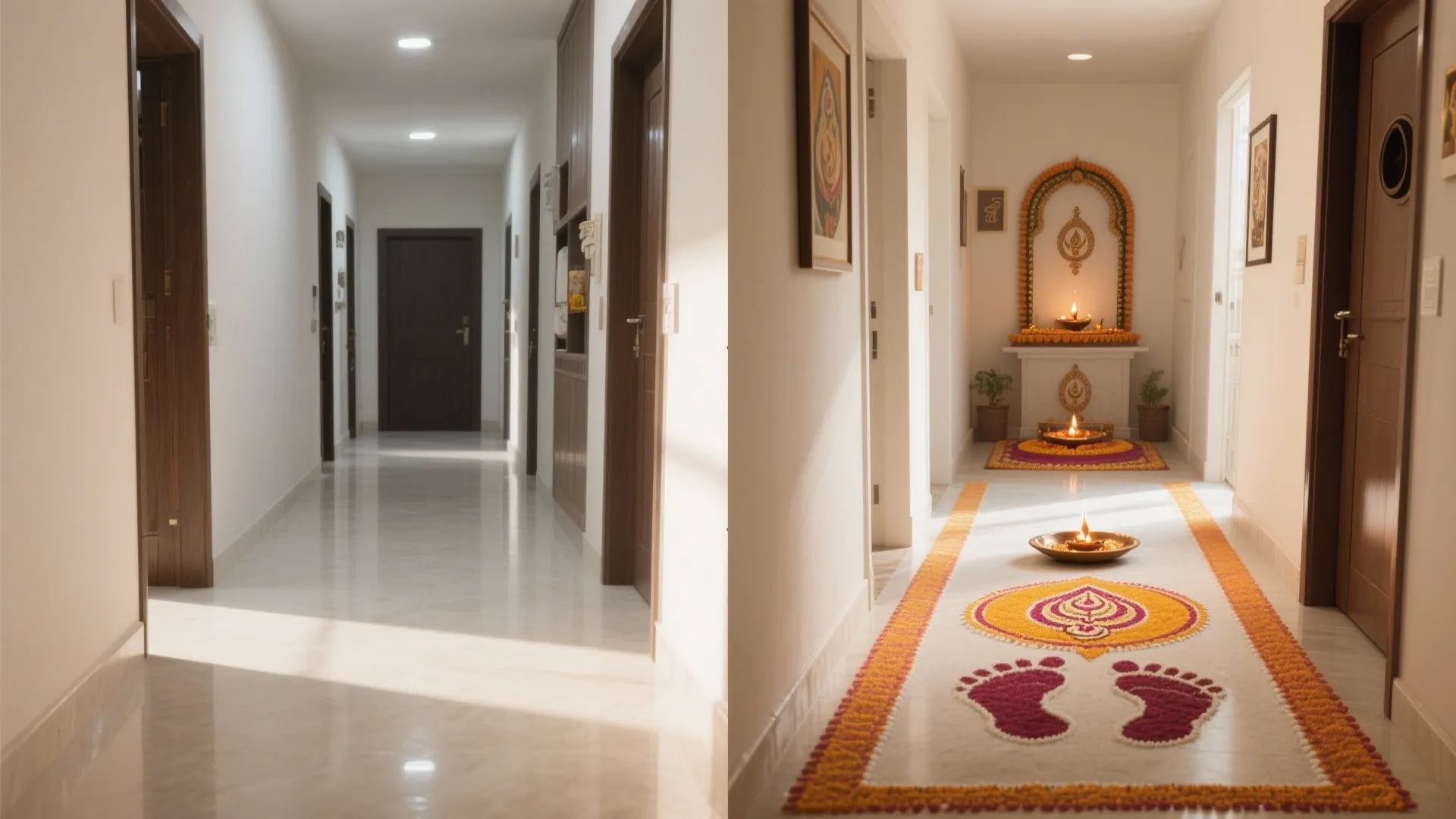 Before-and-after hallway showing added Lakshmi footprint rangoli.