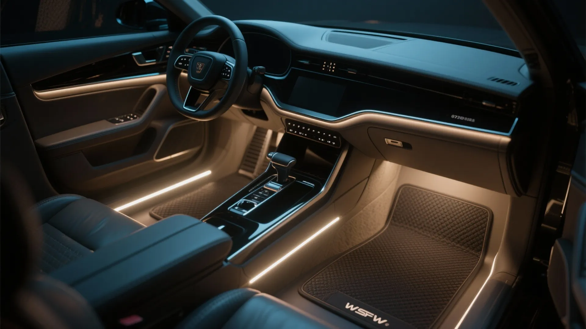 Modern car interior featuring warm ambient light strips on floor mats and black leather seats design