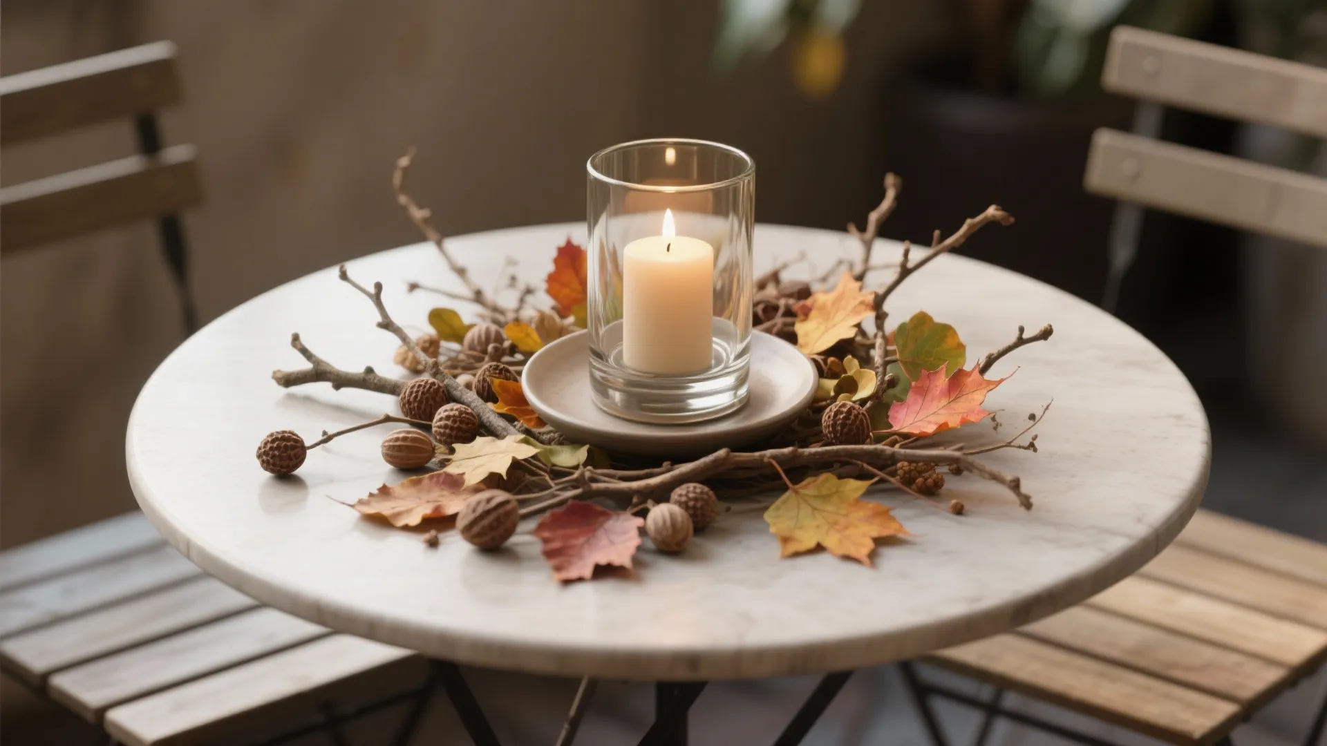 Low loose foraged foliage arranged around a single candle in a heavy glass hurricane on a small table.