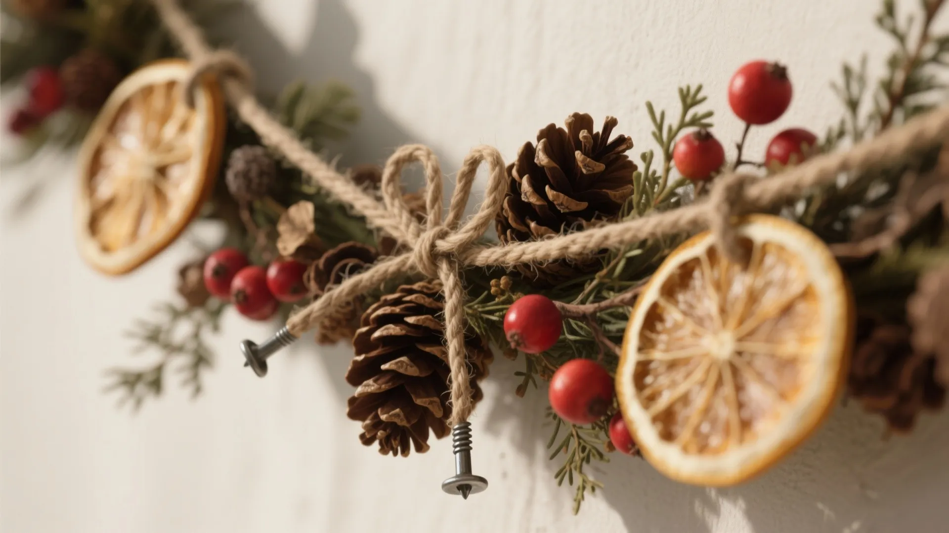 Natural christmas garland with dried orange slices pine cones red berries and simple brown string bow