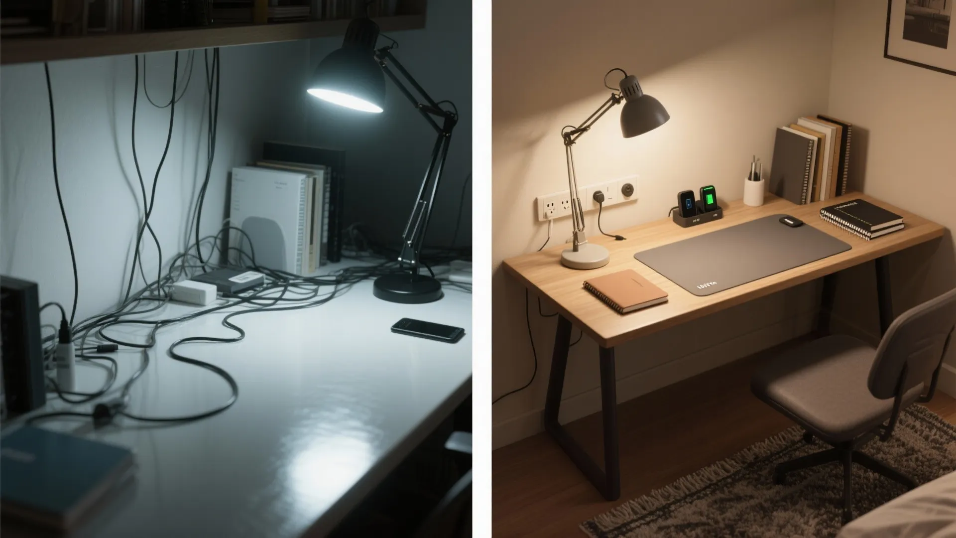 Side by side comparison showing a messy workspace with tangled wires versus a clean organized desk