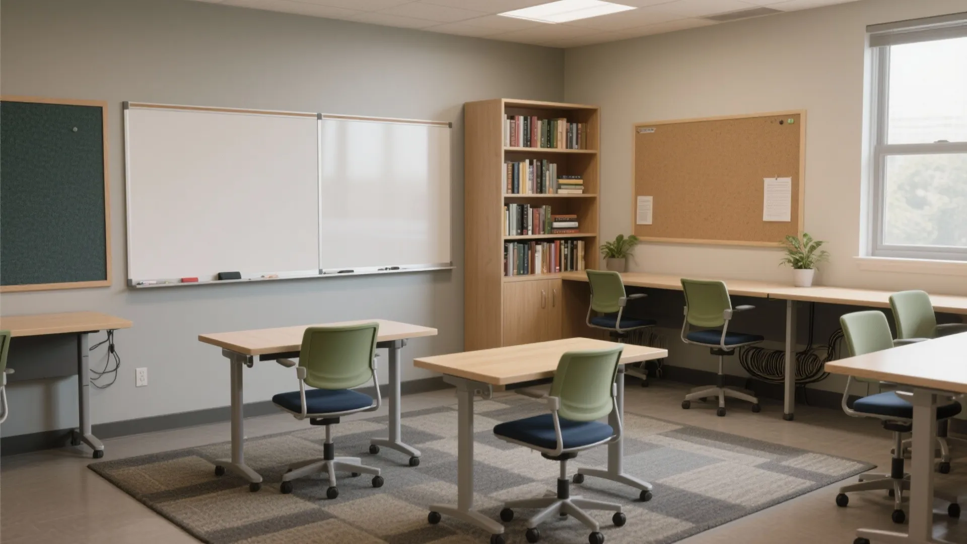 Classroom interior with whiteboards, wooden bookshelf, green chairs, desks, cork board, and a large window