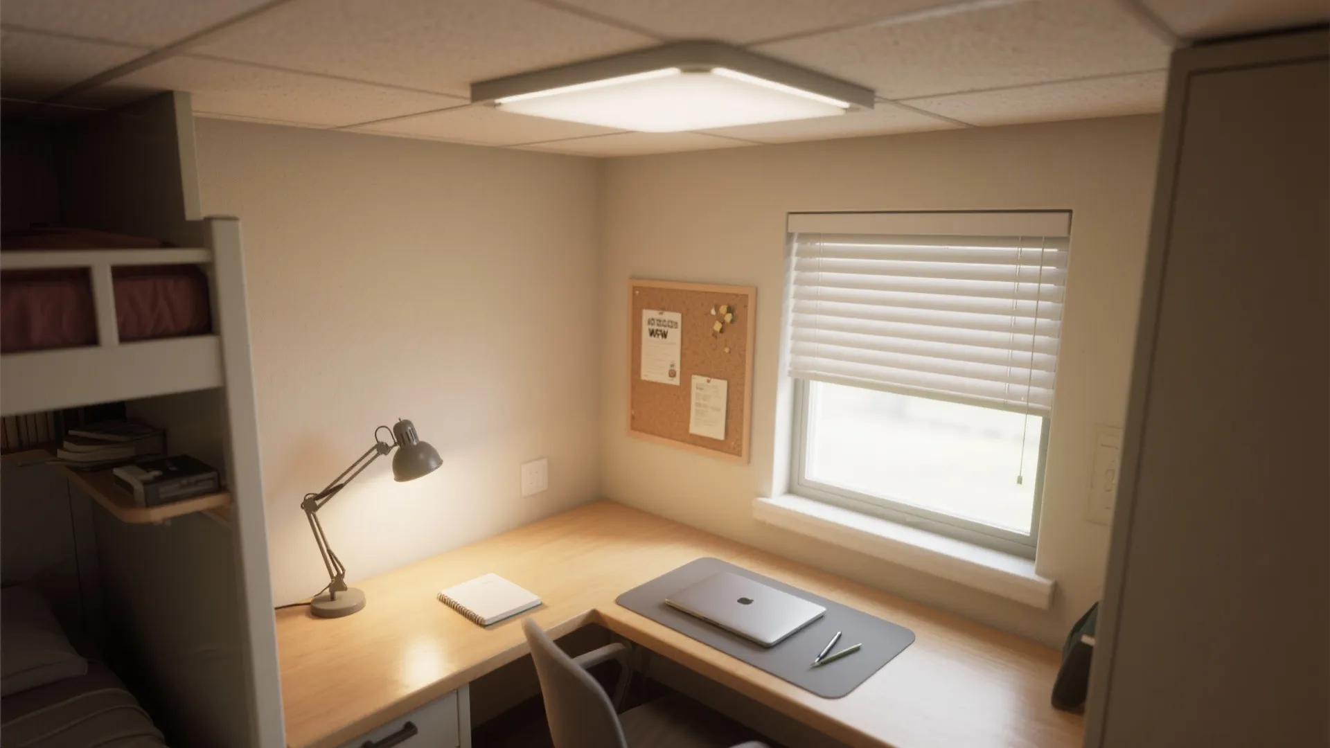 Modern dorm room workspace with wooden desk, desk lamp, laptop, window blinds, and bunk bed