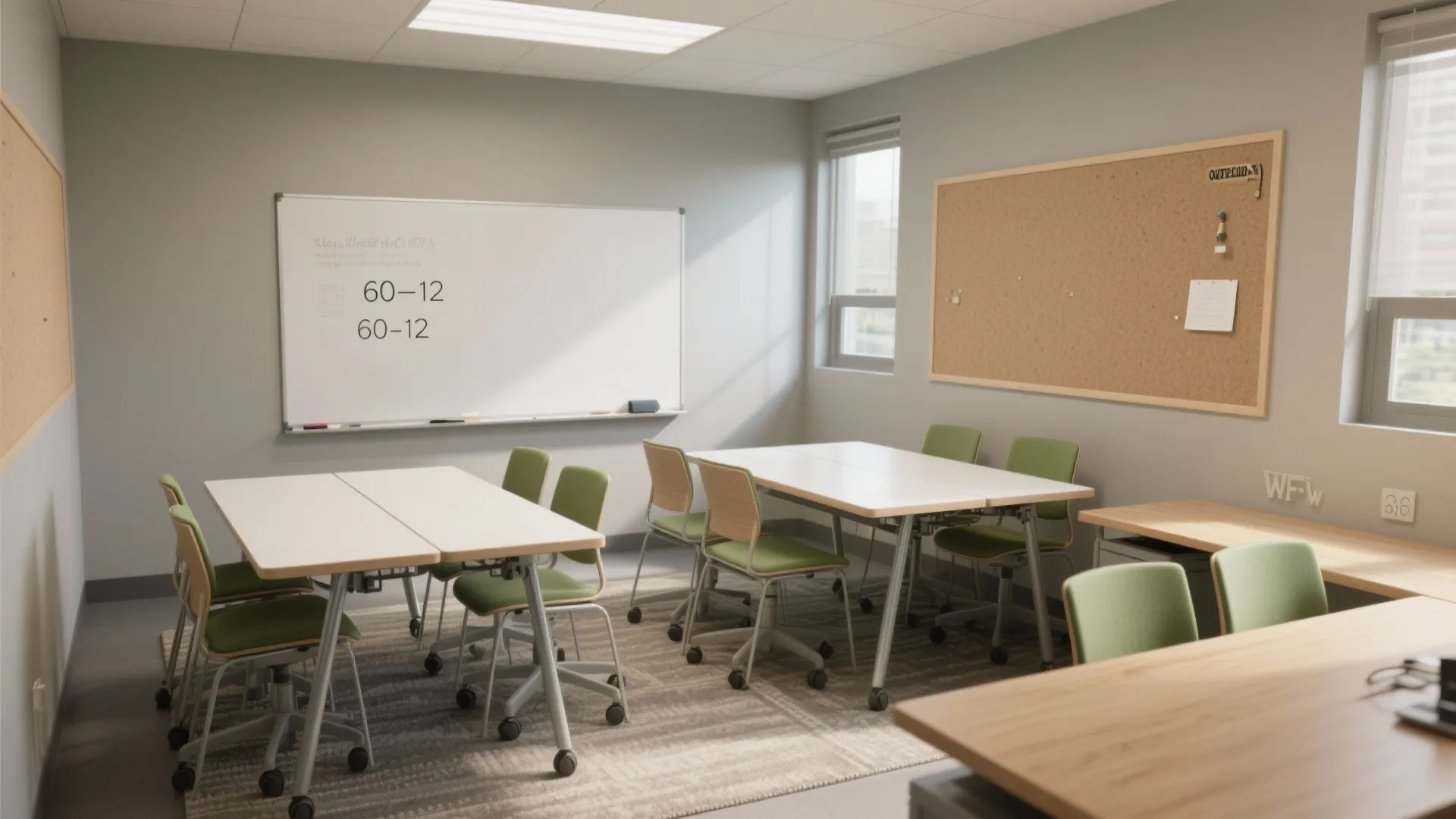 Bright classroom interior design with whiteboards corkboards and several white desks with green rolling chairs