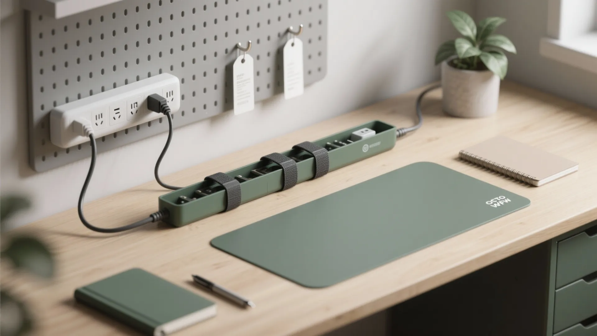 Light wood desk setup with green desk mat green cable organizer and wall mounted power strip