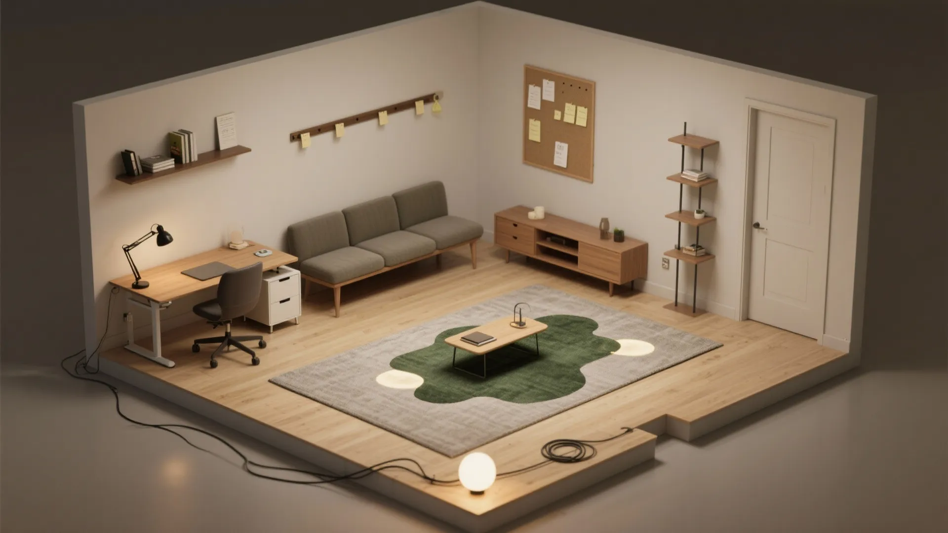 Interior design drawing of studio apartment with desk, sofa, wooden cabinet, rug, and white door