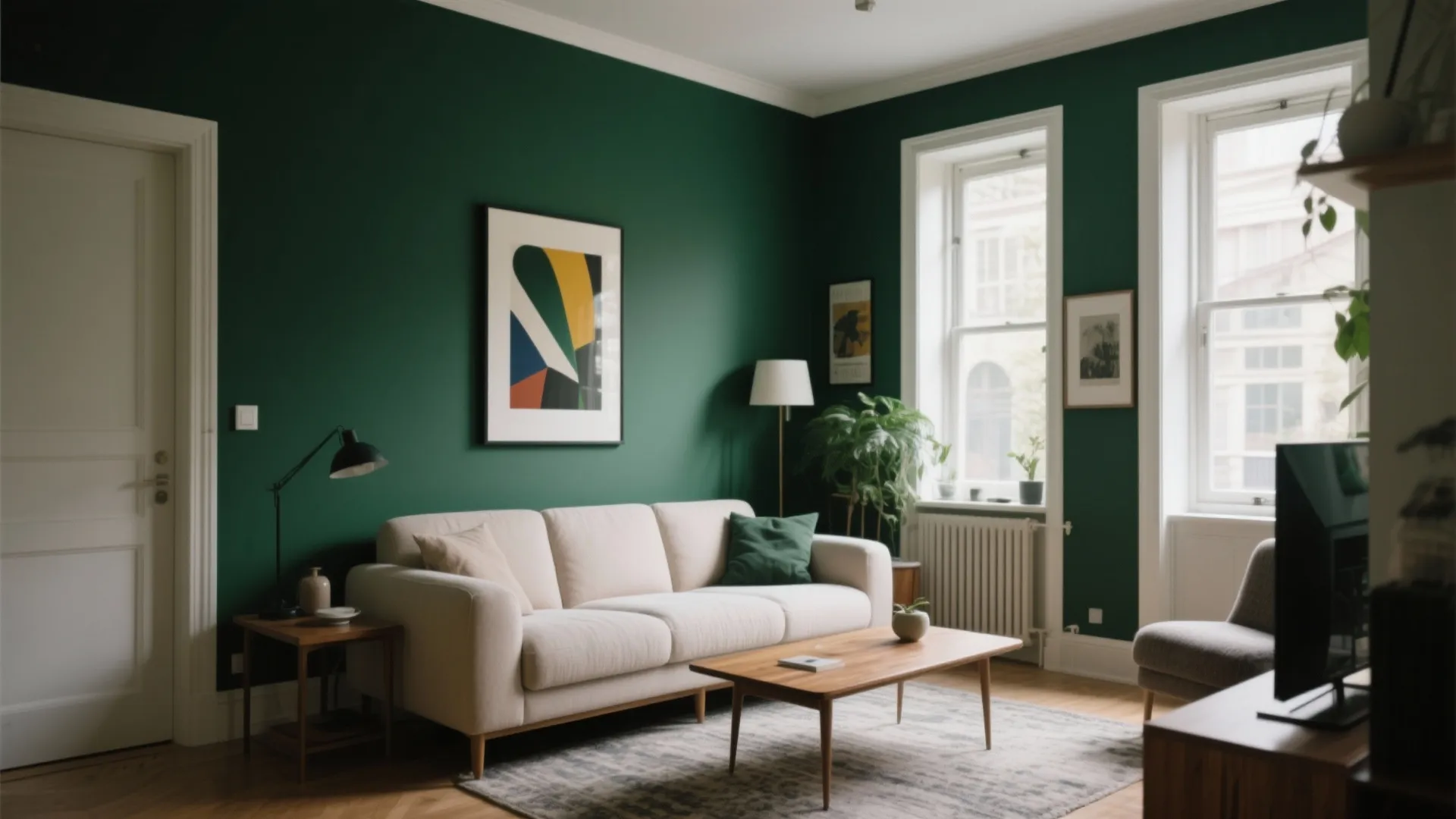 Modern living room with dark green walls white sofa wooden coffee table and colorful wall art