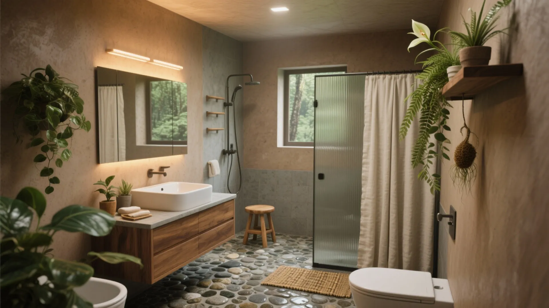 Modern bathroom with wood cabinet pebble floor glass shower green plants stool and soft lighting