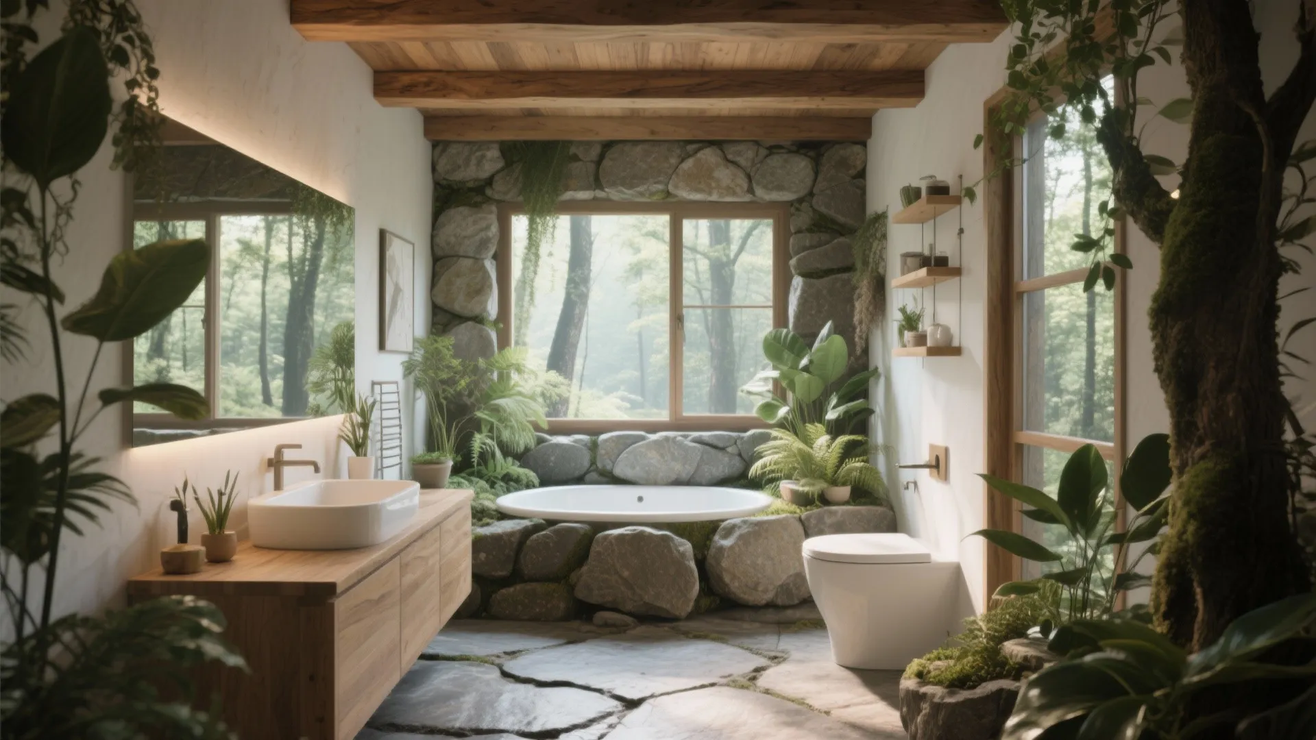 Natural bathroom with stone walls wooden vanity round bathtub indoor plants and forest view through window