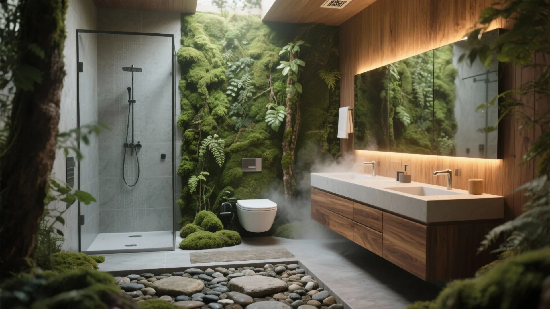 Forest theme bathroom with moss wall walk in shower wooden cabinet double sink and stones