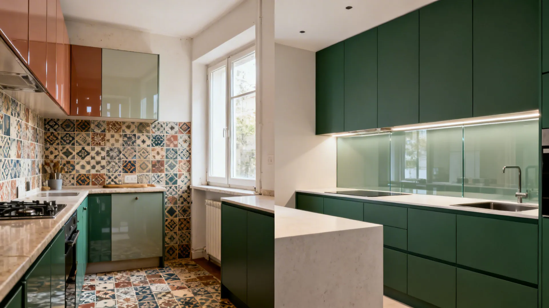 Split view showing a dated kitchen before and a matte forest green with glass backsplash after.