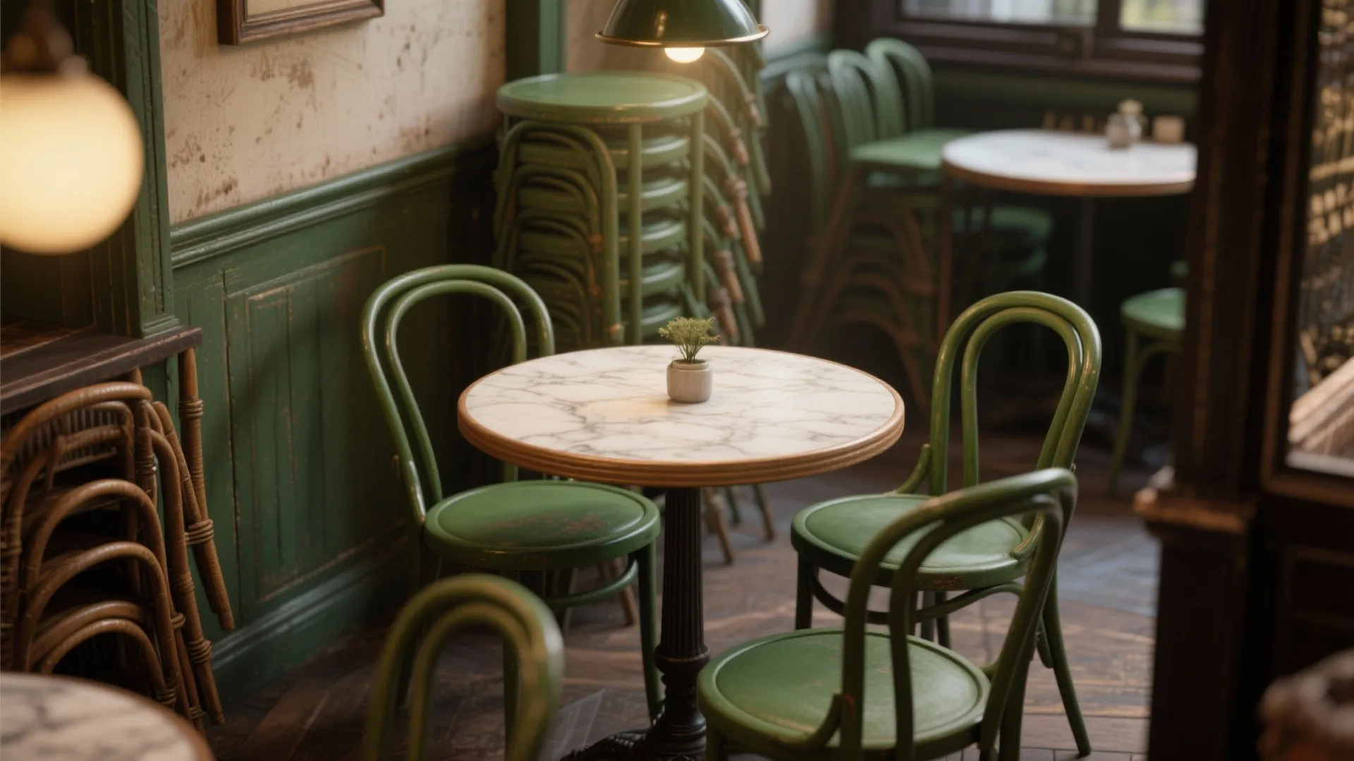 Vintage cafe interior with marble top table green chairs wooden floor and green wall panel