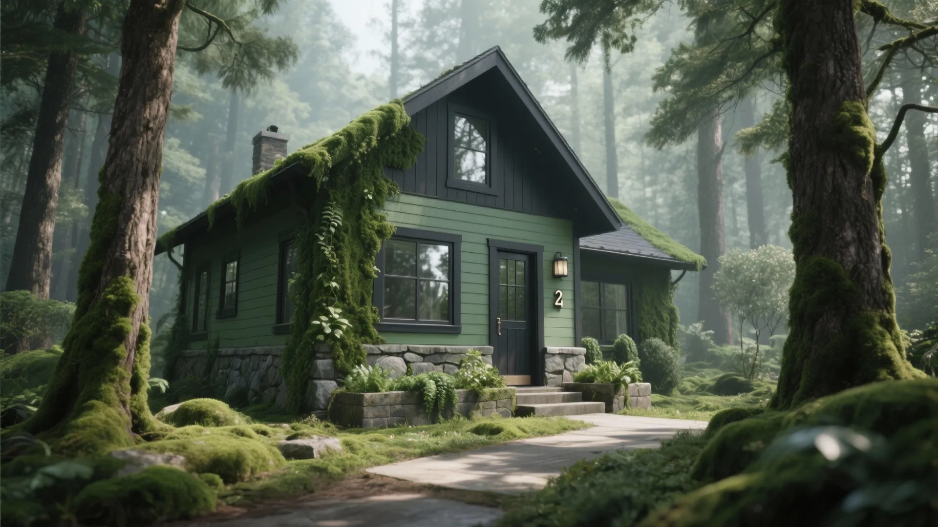 Small green house with stone base and mossy roof nestled in a misty forest scene