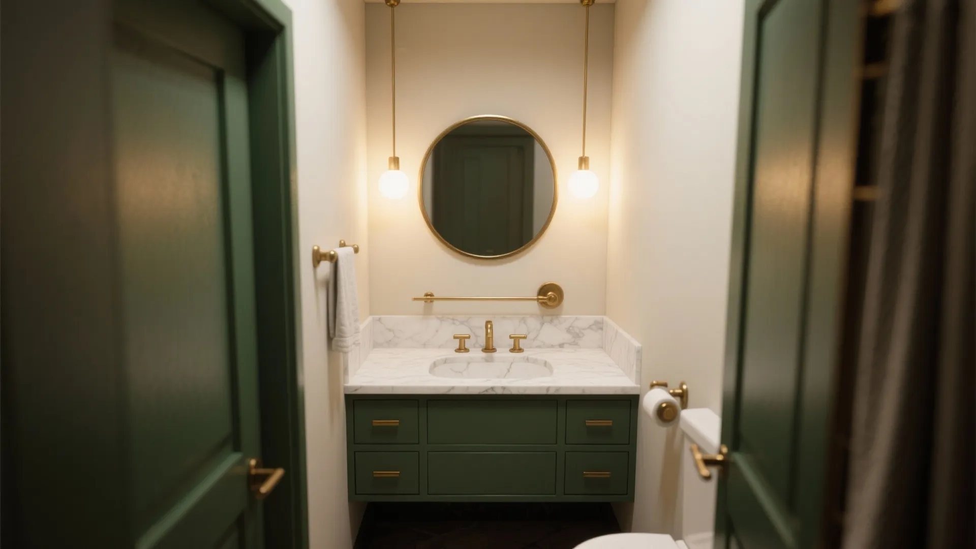 Compact powder room with a 30-inch deep forest green vanity and brass hardware under warm lighting.