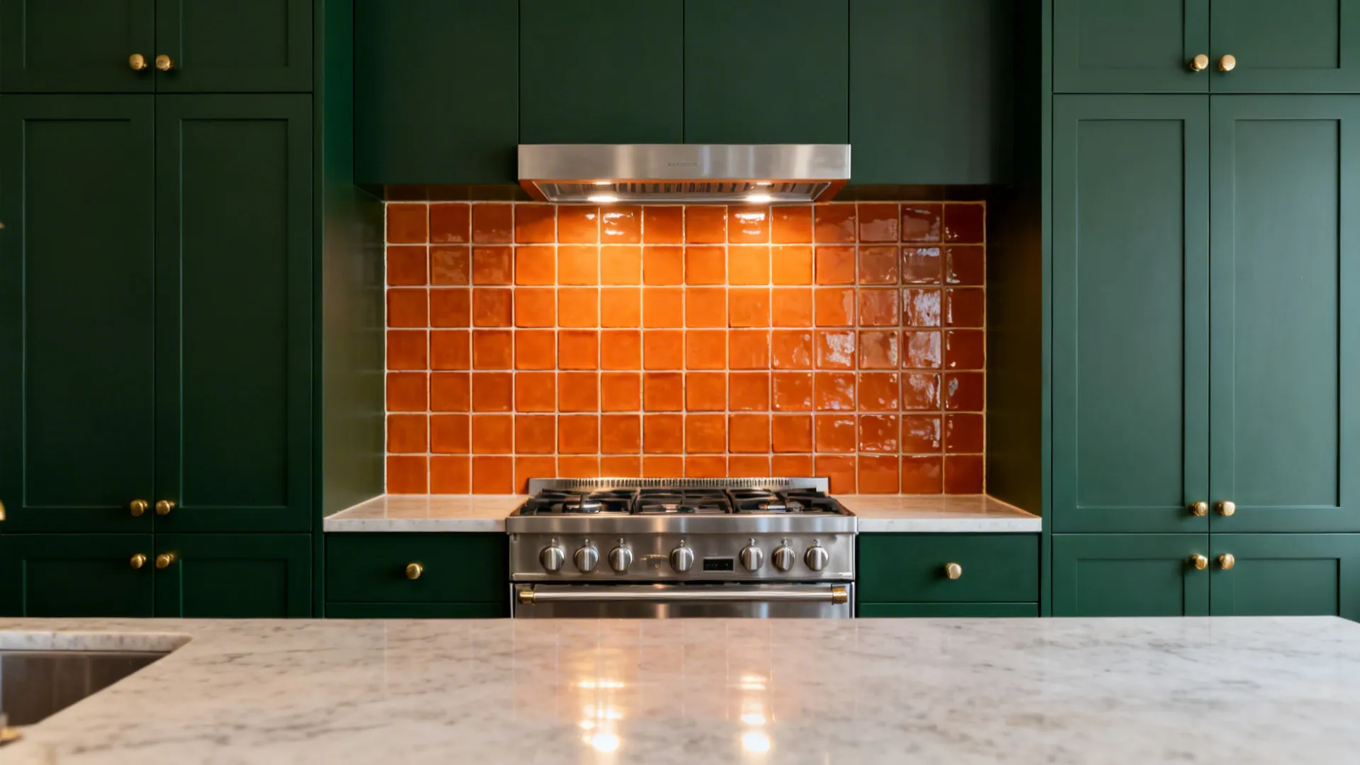 Deep green cabinets with a burnt orange range niche glowing in warm light.