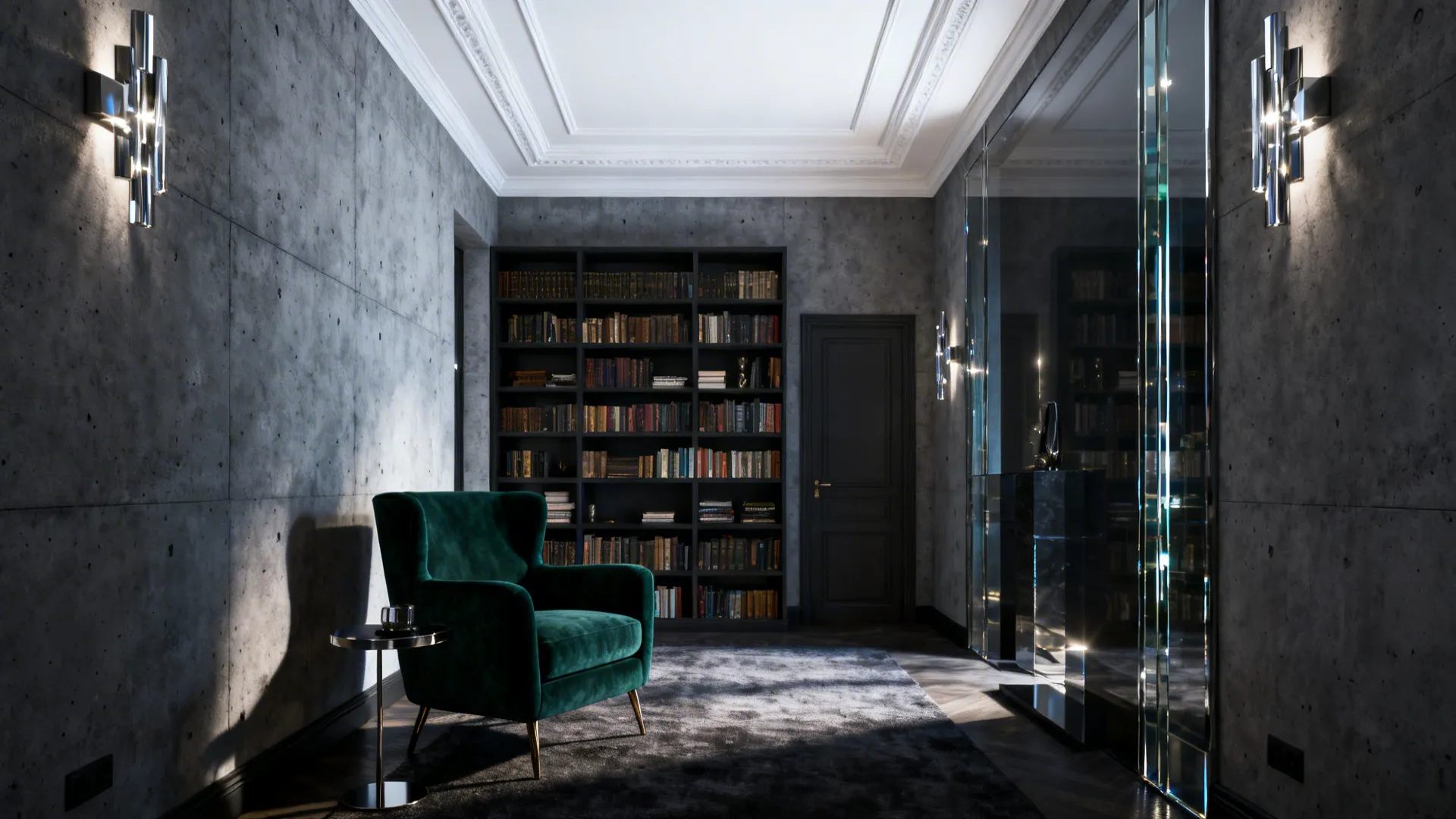 Narrow living room with deep forest green armchair, concrete grey wall, and bright white moldings