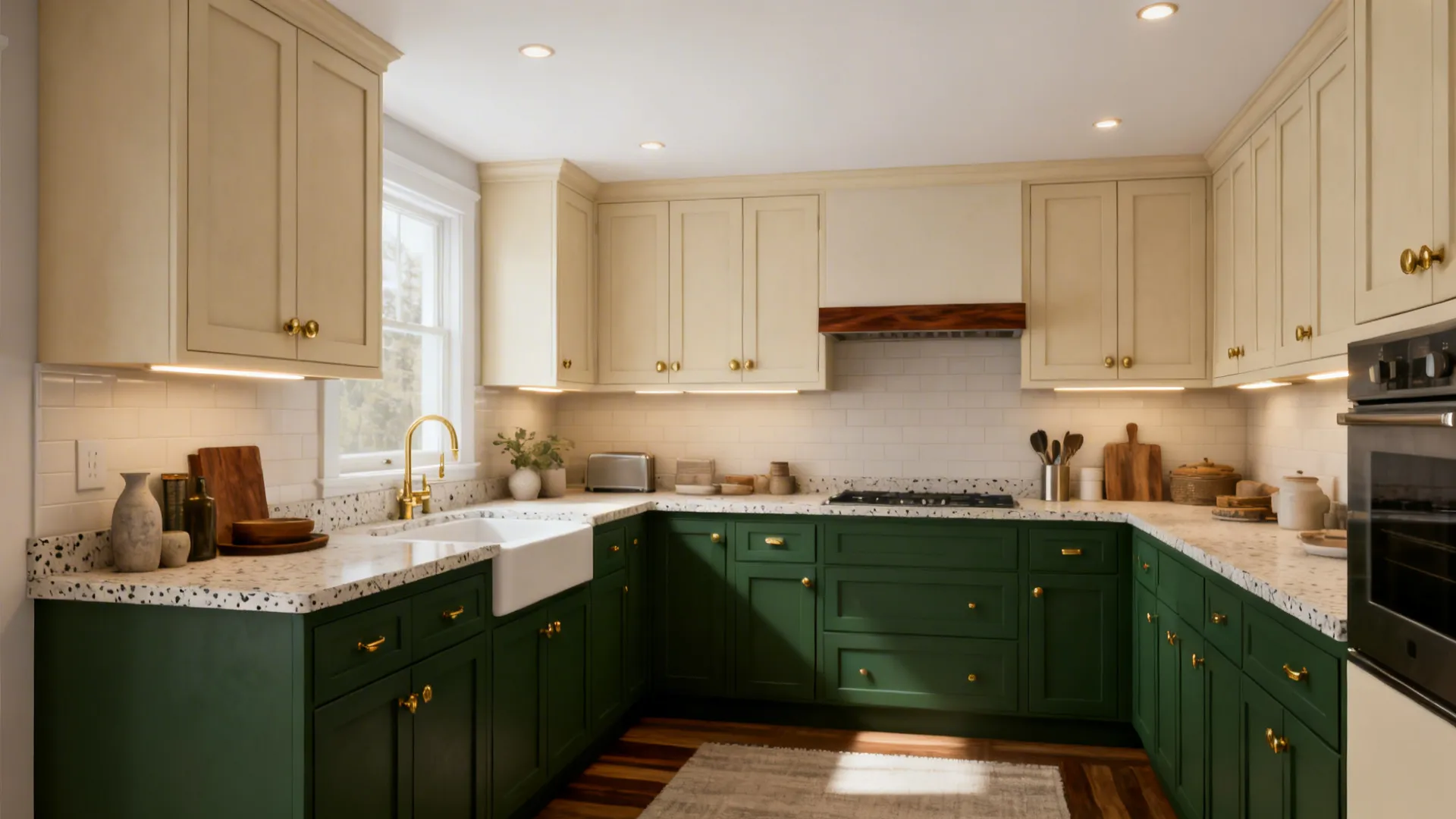 5) Dramatic + Cozy: Forest Green Lowers + Creamy Linen Uppers