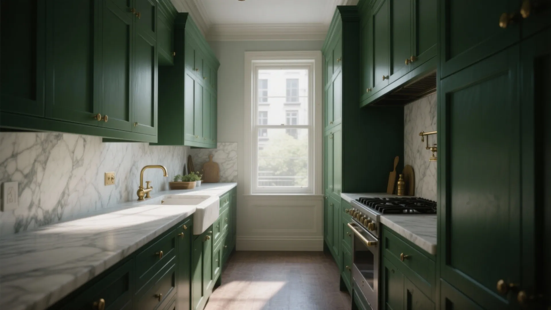 Dark green kitchen cabinets with marble countertops and gold faucet in a narrow room layout