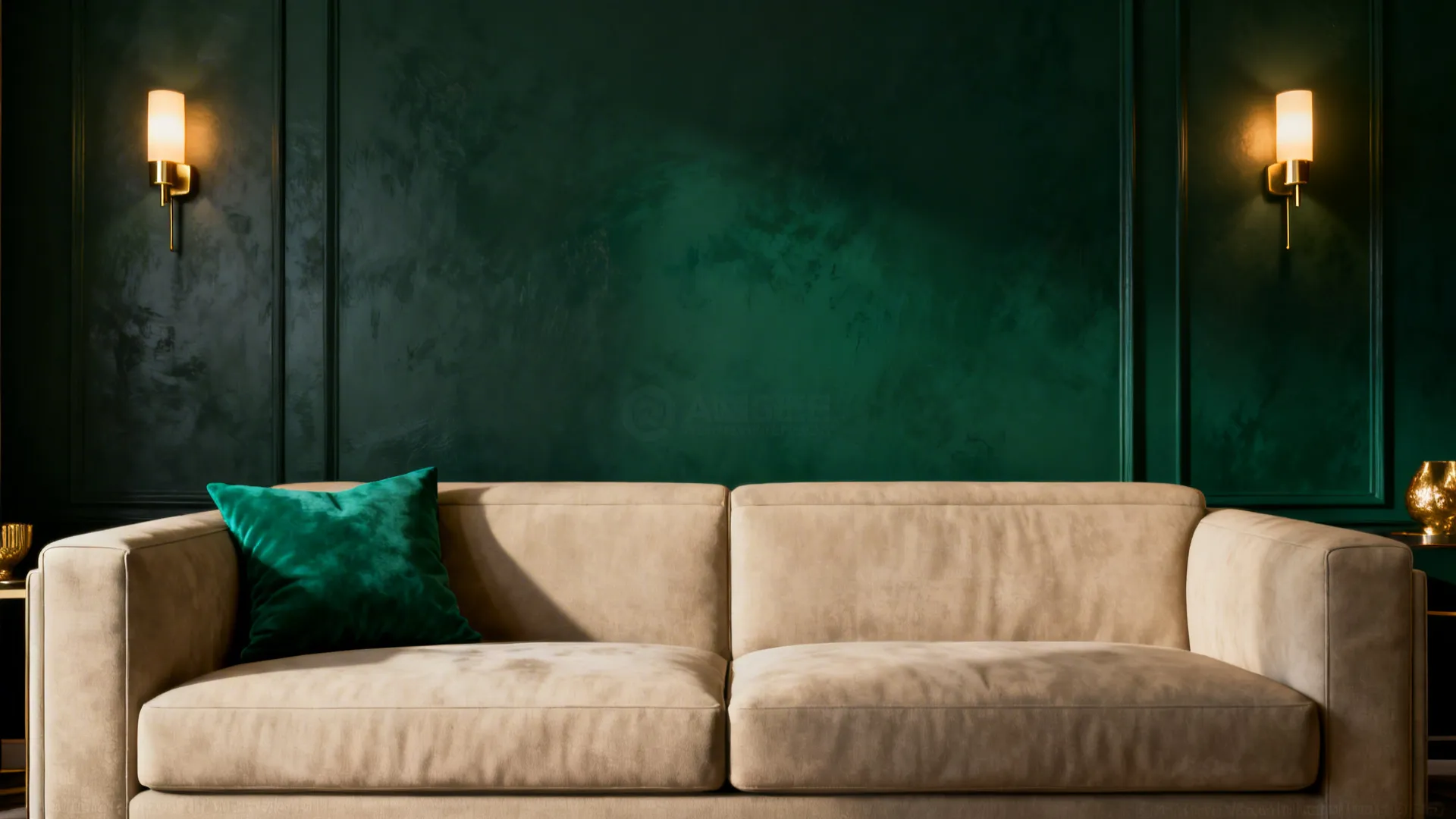 Beige sofa against a deep forest green feature wall with warm sconces and emerald accents.
