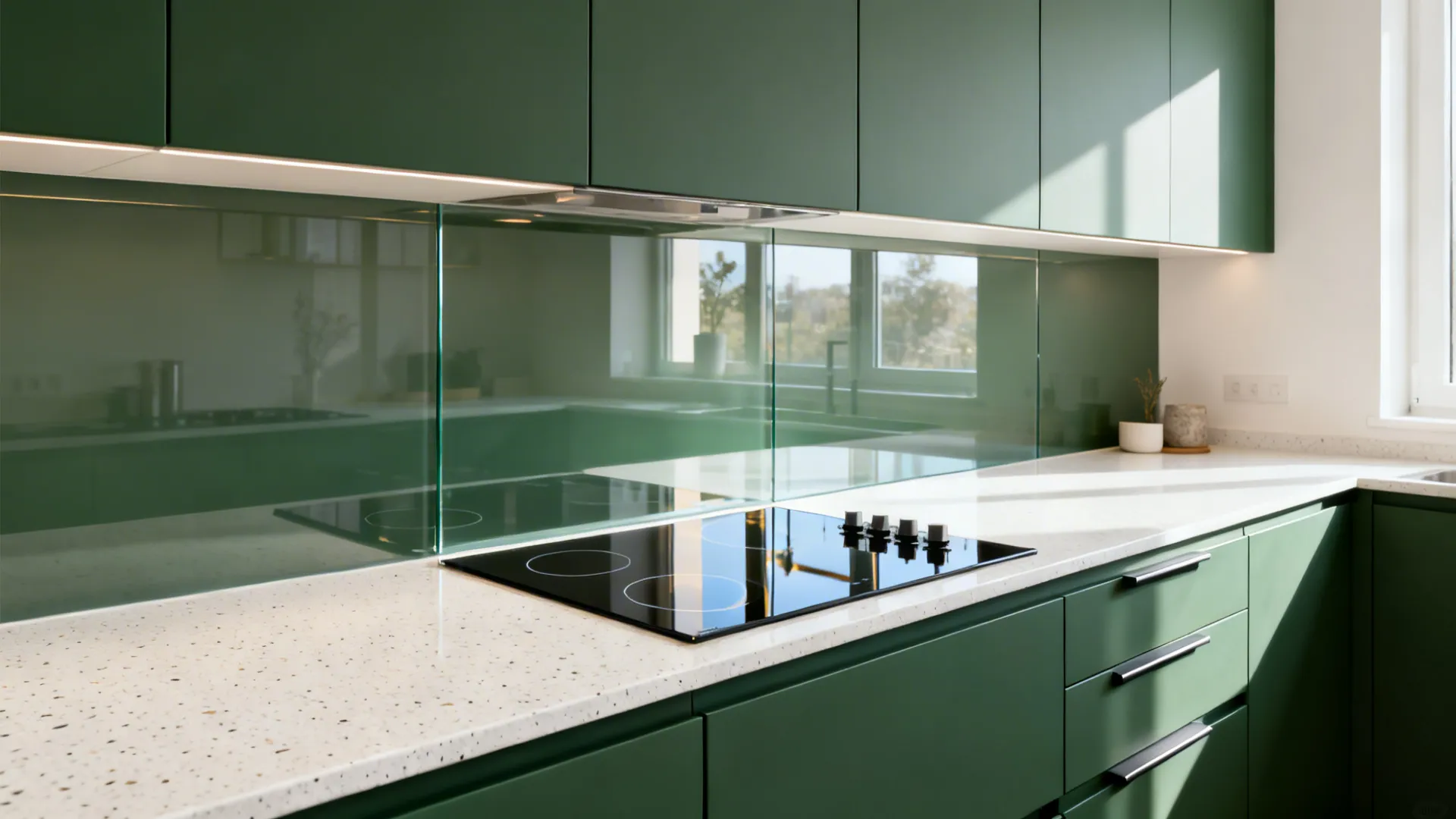 Matte forest green cabinets with a seamless low-iron glass backsplash in a modern studio kitchen.
