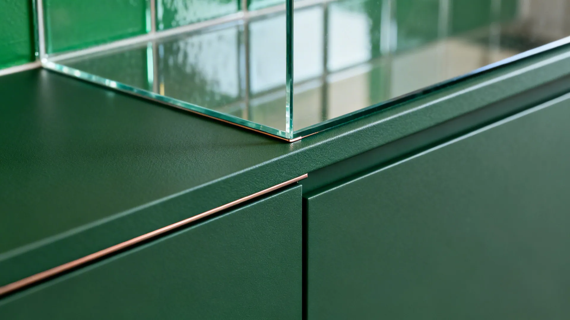 Close-up of matte forest green cabinet edge meeting a low-iron glass backsplash.