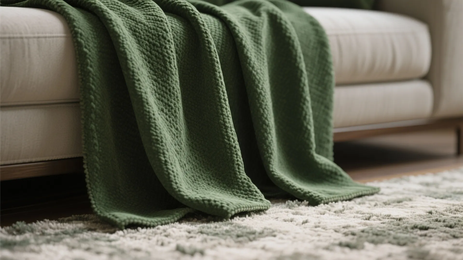 Close-up of forest green textured curtains and a light textured rug showing fabric weave and tactile contrast in a cozy living space.