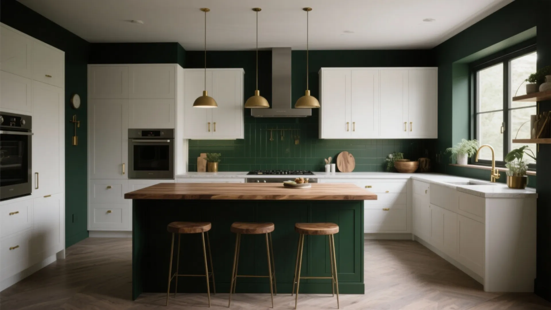 Forest green kitchen with white cabinets green island wood top and three gold ceiling lights