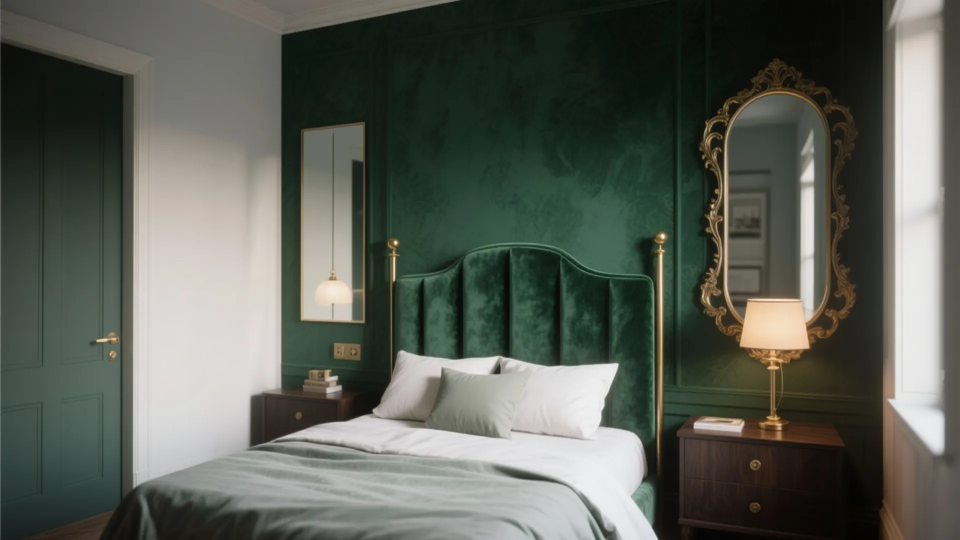 Dark green bedroom with velvet bed headboard gold wall mirror and lamps on wooden nightstands