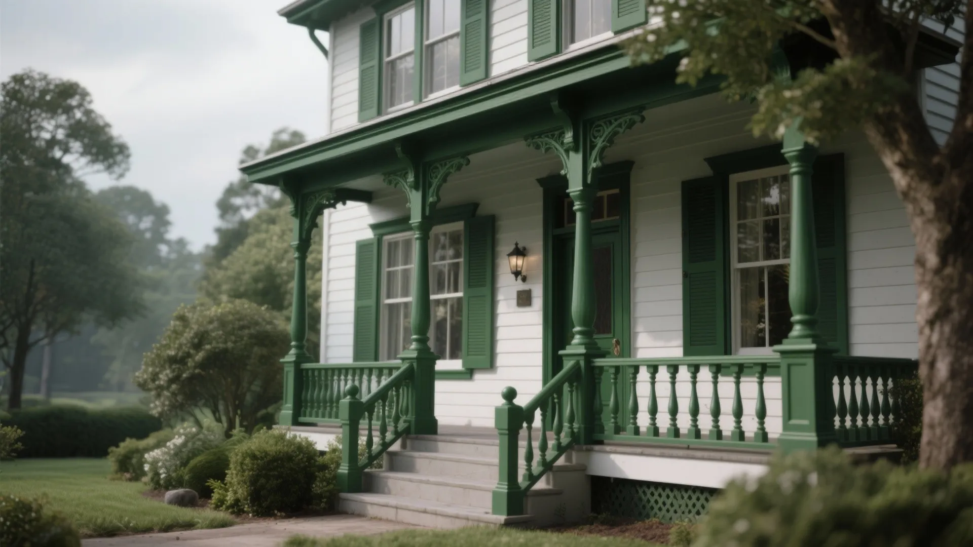 White house exterior with green wooden porch railings and shutters beside a large green tree
