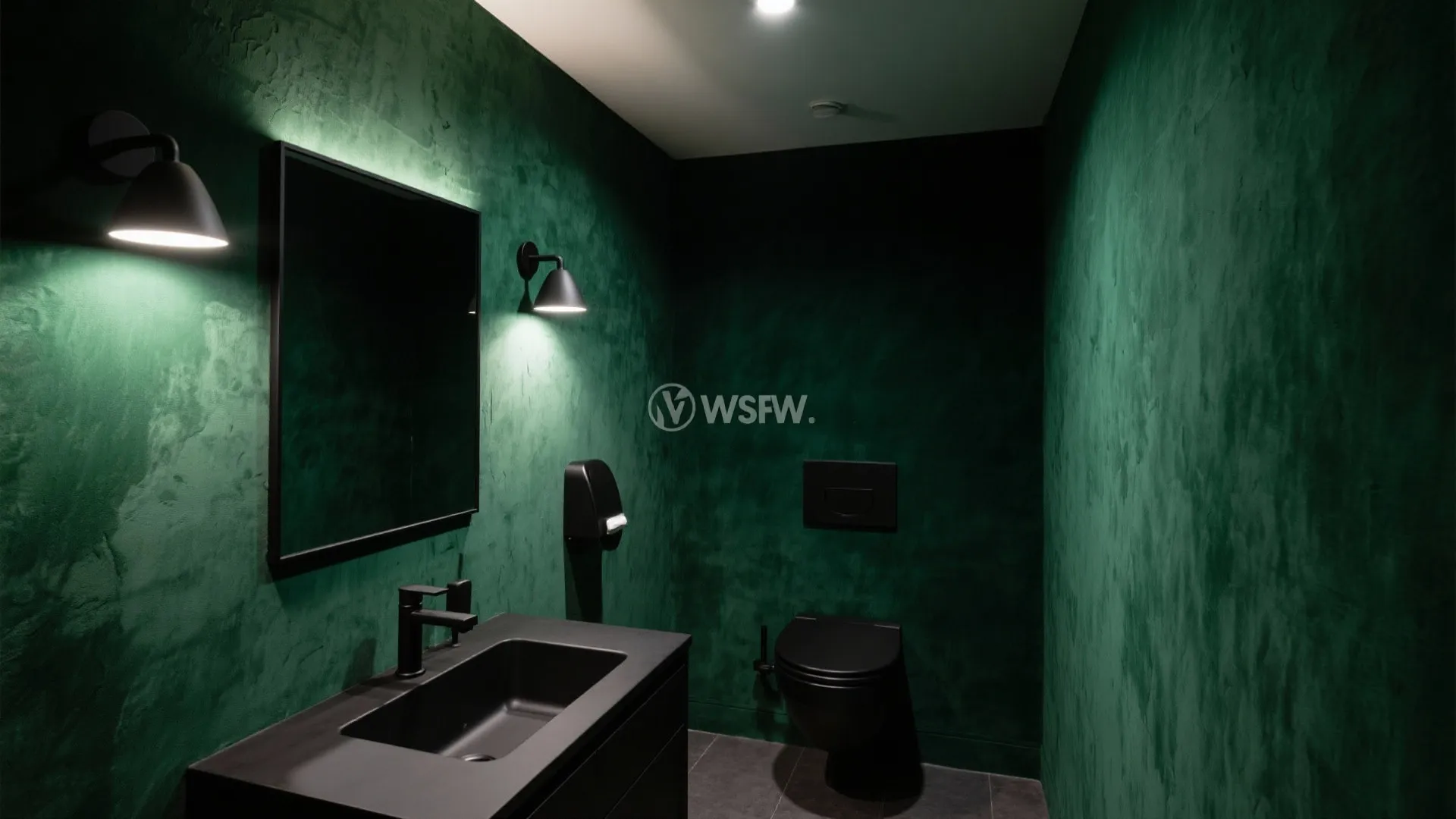 Dark green textured bathroom featuring black sink cabinet black toilet and two black wall lights